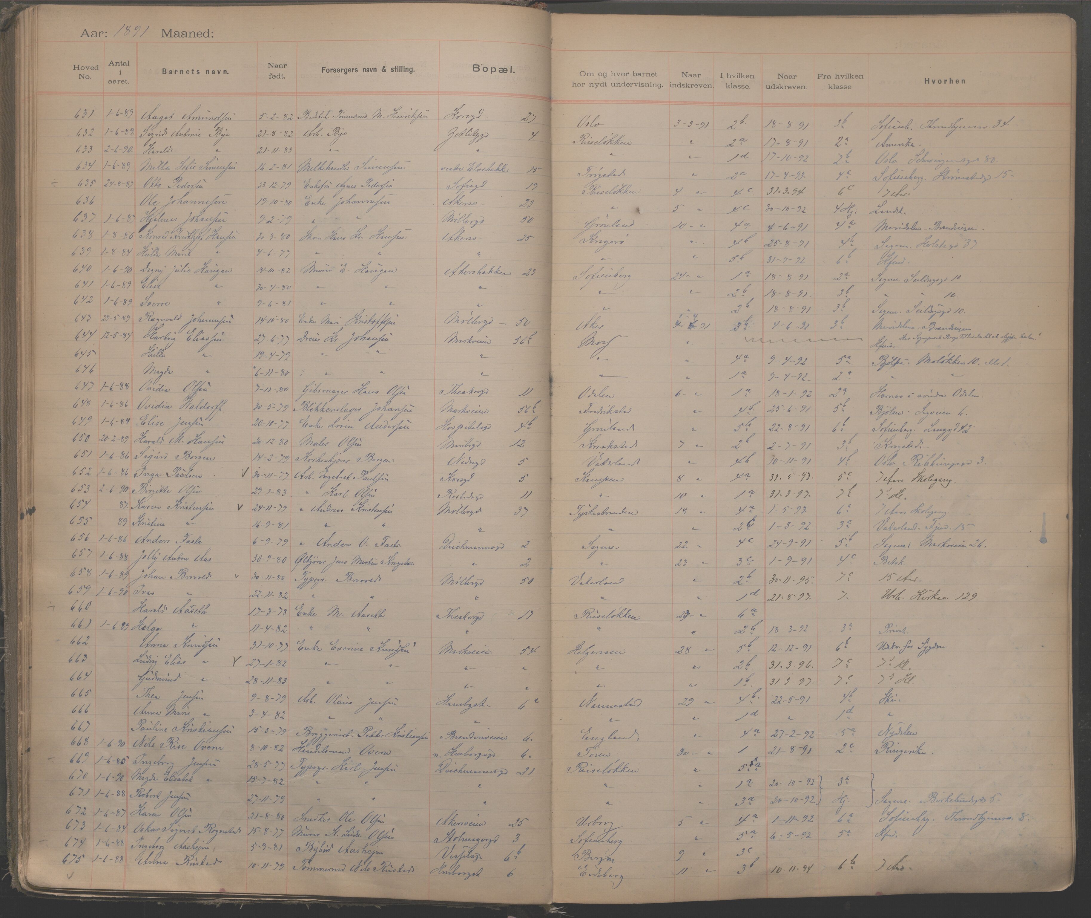 Møllergata skole, OBA/A-20129/F/Fa/L0001: Ut-/innskrivningsprotokoll, 1889-1907, s. 20