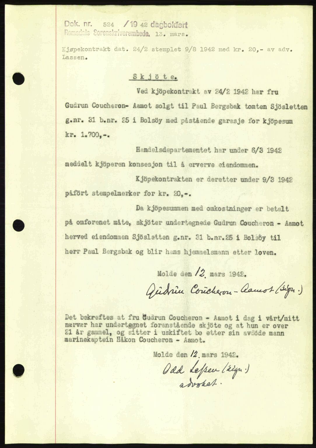 Romsdal sorenskriveri, SAT/A-4149/1/2/2C: Pantebok nr. A12, 1942-1942, Dagboknr: 524/1942