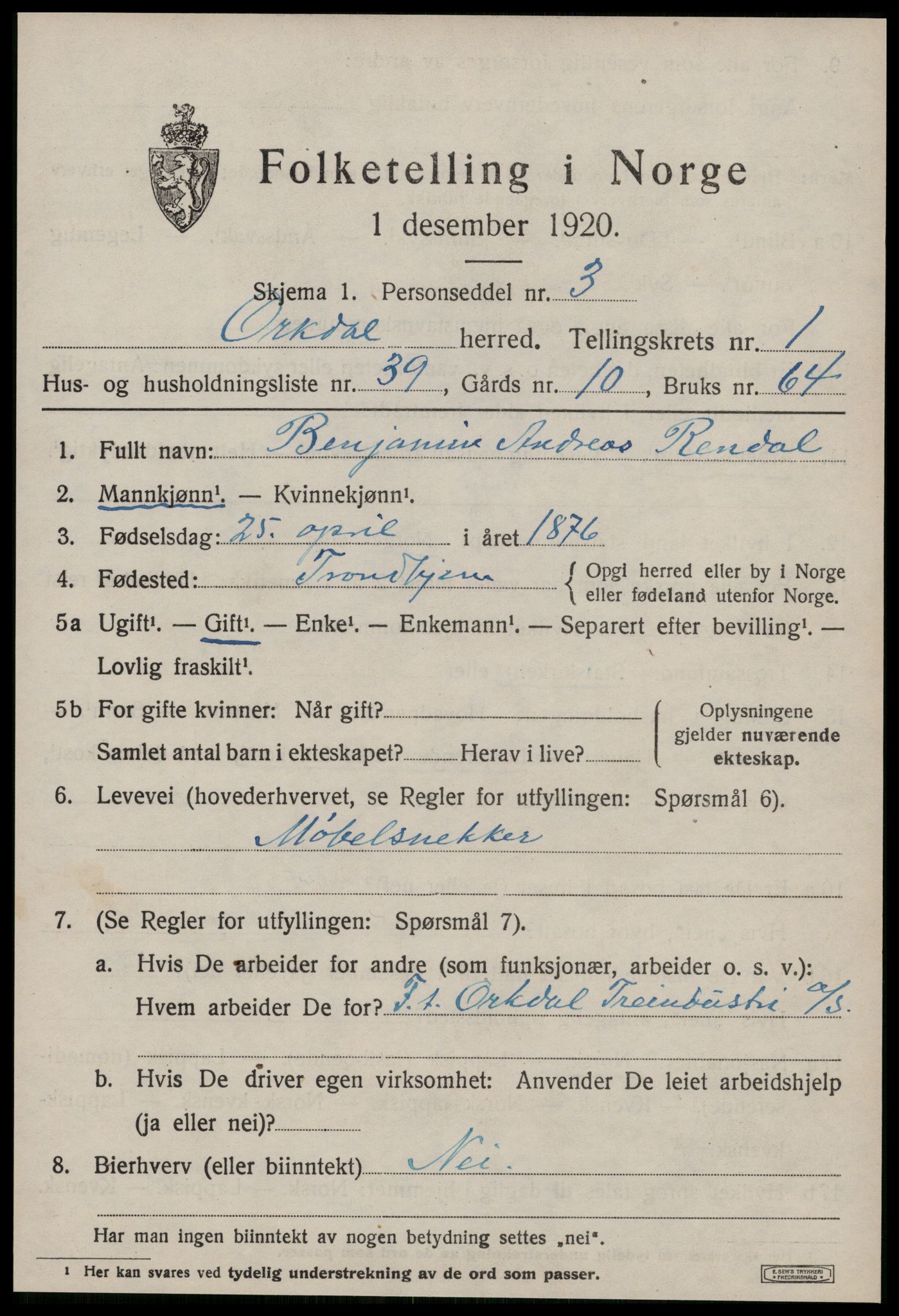 SAT, Folketelling 1920 for 1638 Orkdal herred, 1920, s. 1696