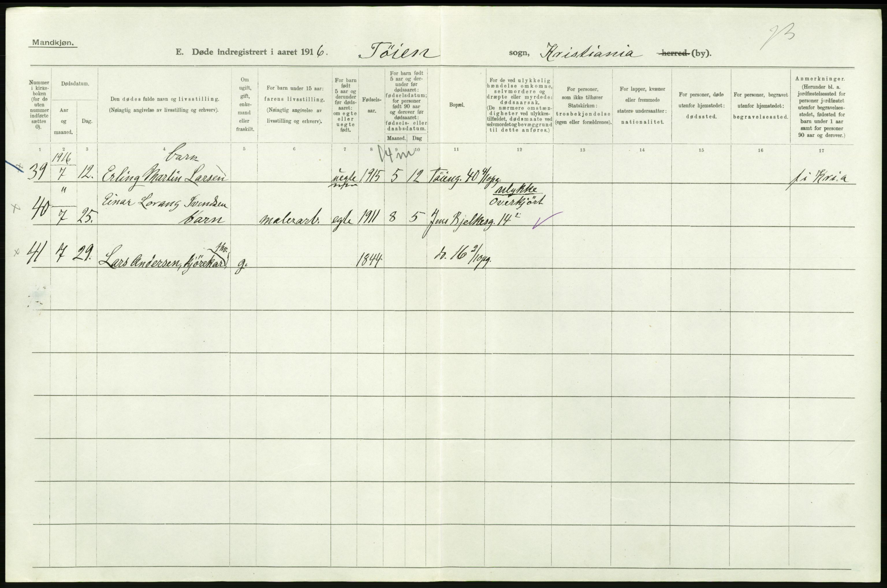 Statistisk sentralbyrå, Sosiodemografiske emner, Befolkning, AV/RA-S-2228/D/Df/Dfb/Dfbf/L0009: Kristiania: Døde., 1916, s. 488