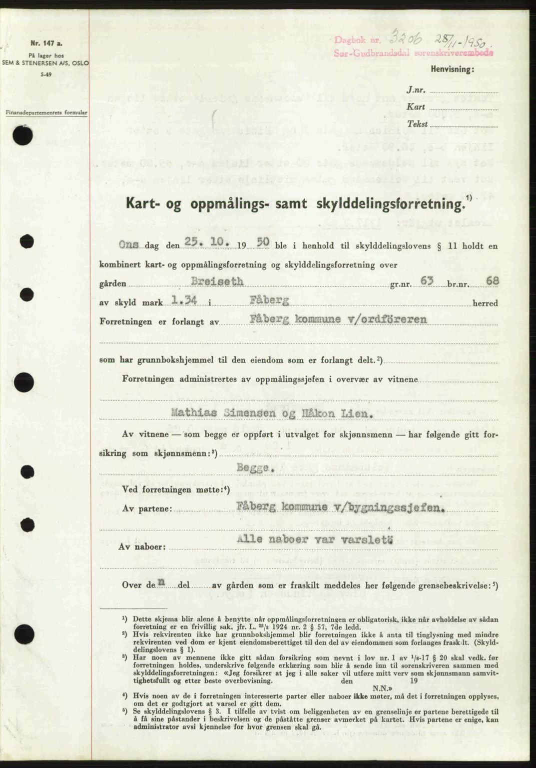 Sør-Gudbrandsdal tingrett, SAH/TING-004/H/Hb/Hbd/L0029: Pantebok nr. A29, 1950-1950, Dagboknr: 3206/1950