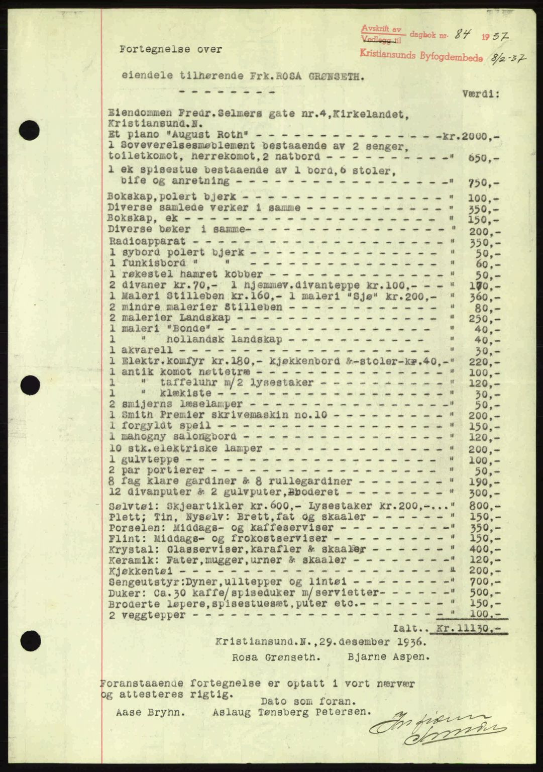 Kristiansund byfogd, AV/SAT-A-4587/A/27: Pantebok nr. 29, 1936-1937, Dagboknr: 84/1937