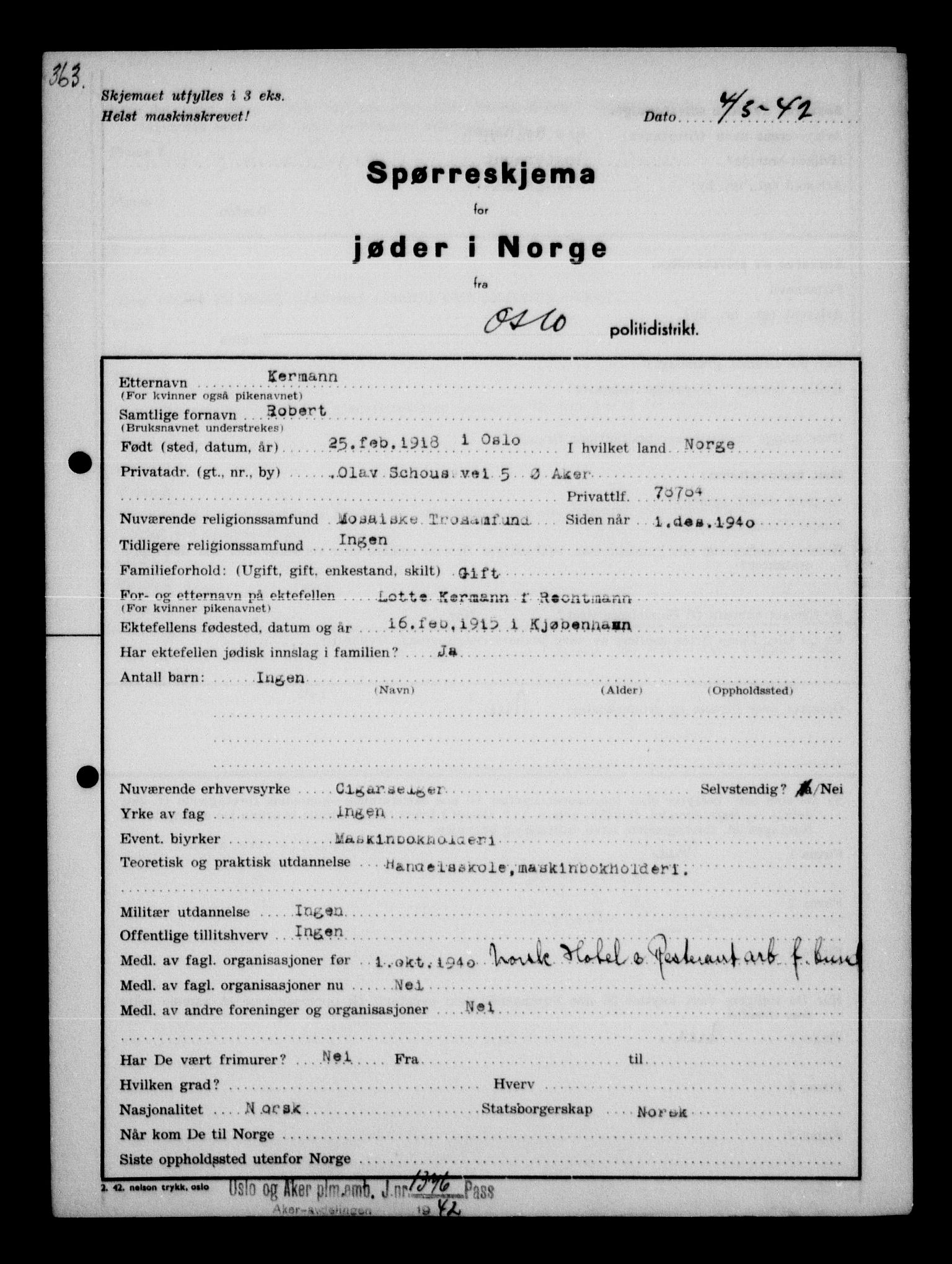 Statspolitiet - Hovedkontoret / Osloavdelingen, AV/RA-S-1329/G/Ga/L0010: Spørreskjema for jøder i Norge, Oslo Hansen-Pintzow, 1942, s. 306