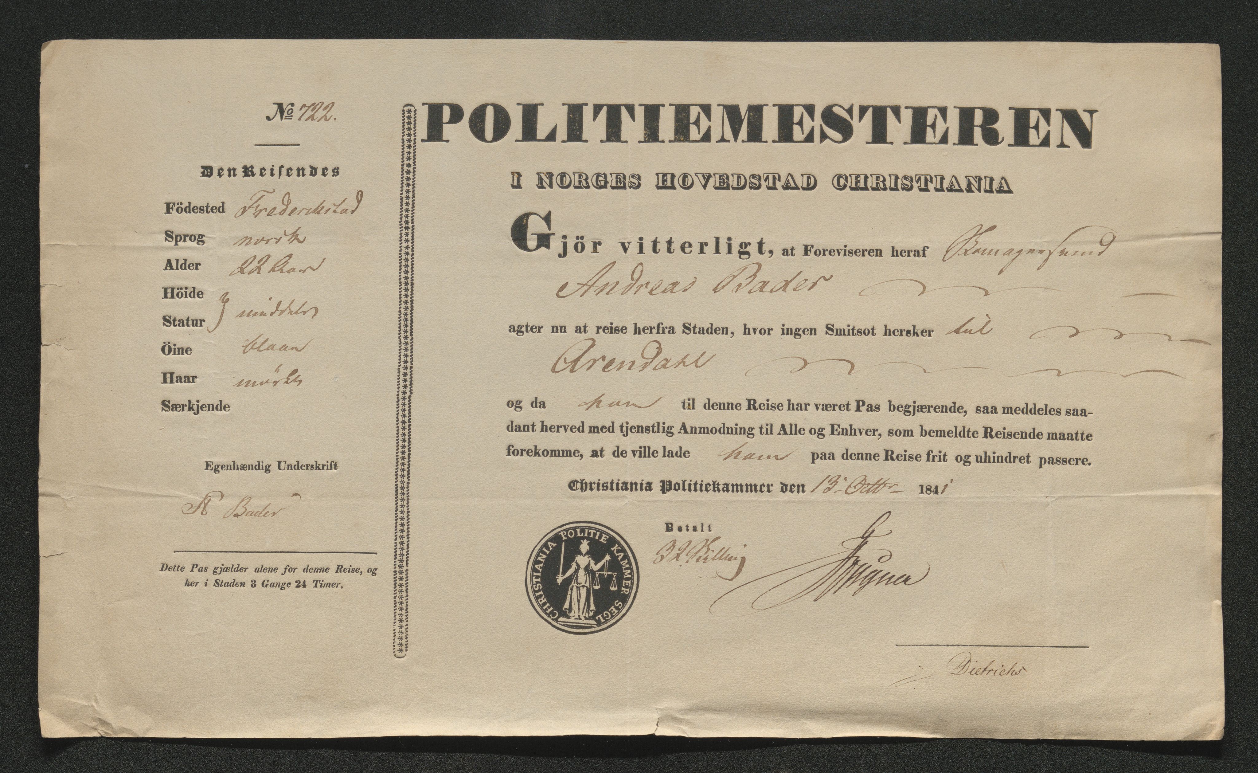 Drammen politikammer, AV/SAKO-A-623/I/Ia/Iab/L0006: Innleverte pass, 1841-1842, s. 265