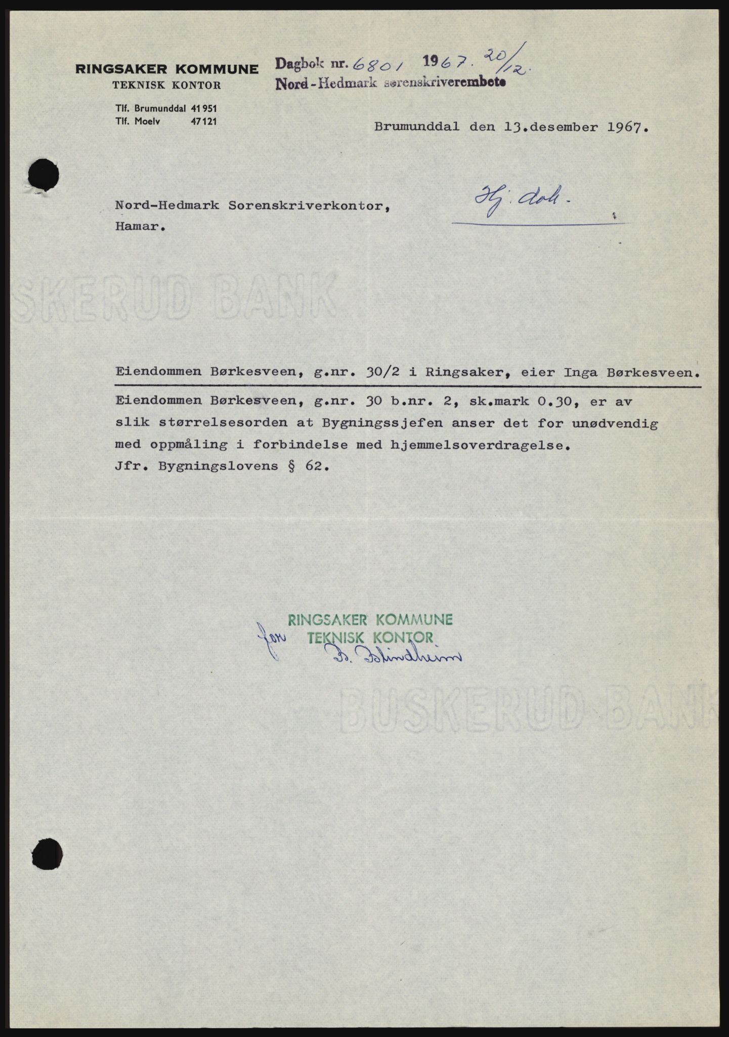 Nord-Hedmark sorenskriveri, SAH/TING-012/H/Hc/L0027: Pantebok nr. 27, 1967-1968, Dagboknr: 6801/1967