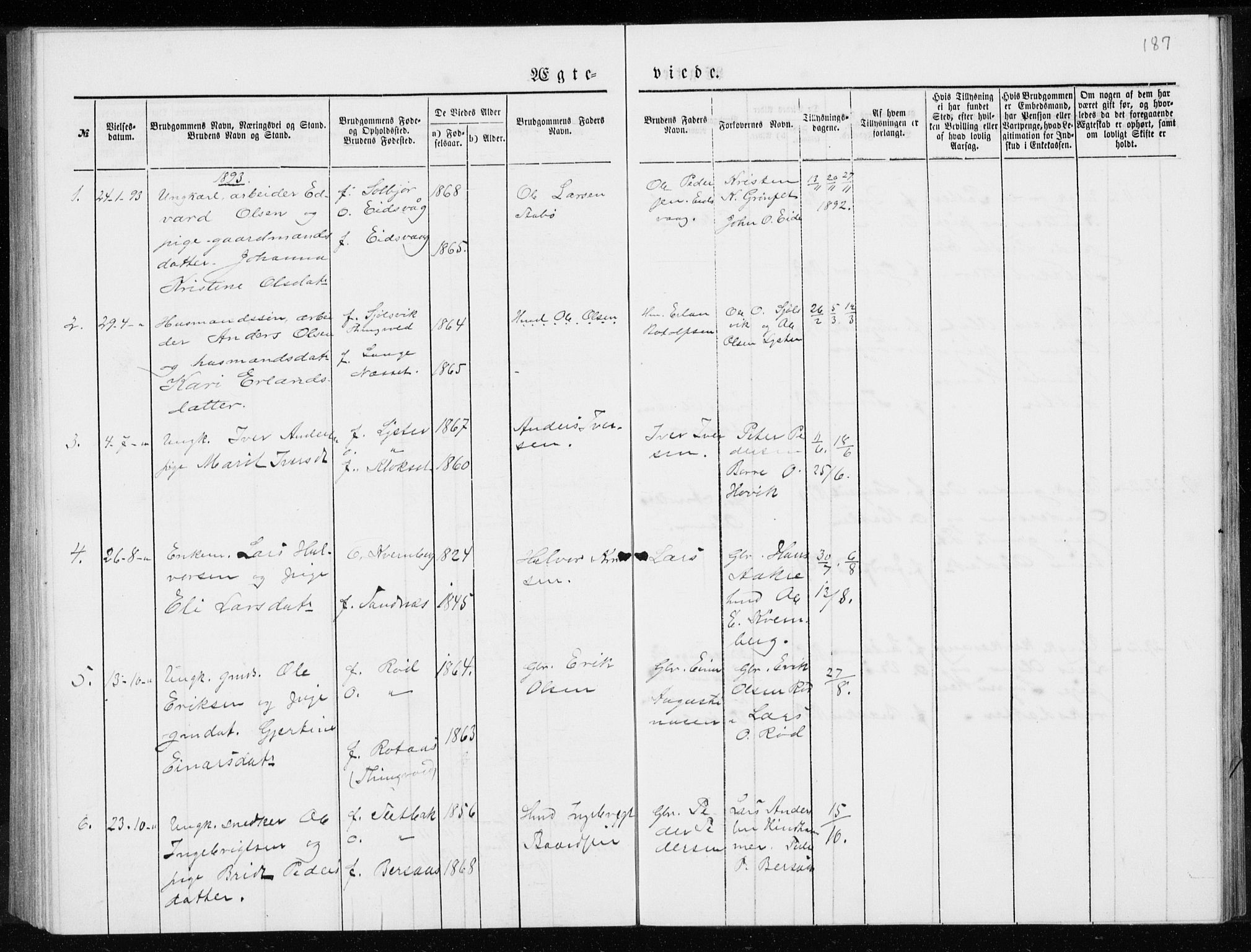 Ministerialprotokoller, klokkerbøker og fødselsregistre - Møre og Romsdal, SAT/A-1454/551/L0631: Klokkerbok nr. 551C03, 1886-1894, s. 187