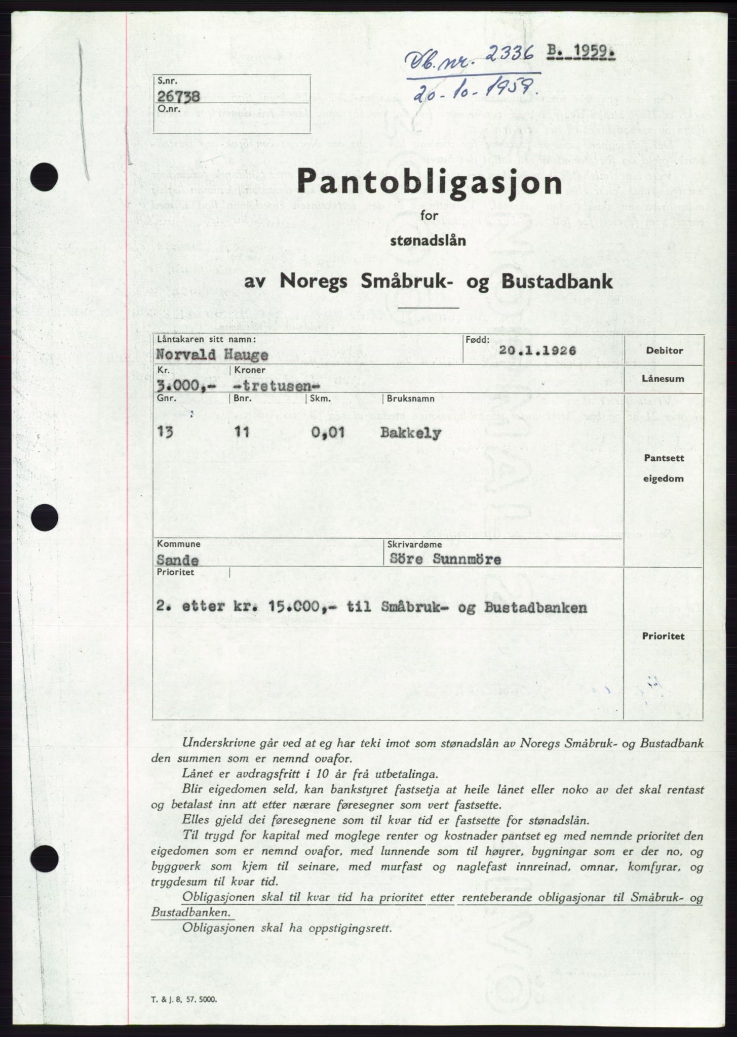 Søre Sunnmøre sorenskriveri, SAT/A-4122/1/2/2C/L0133: Pantebok nr. 21B, 1959-1959, Dagboknr: 2336/1959