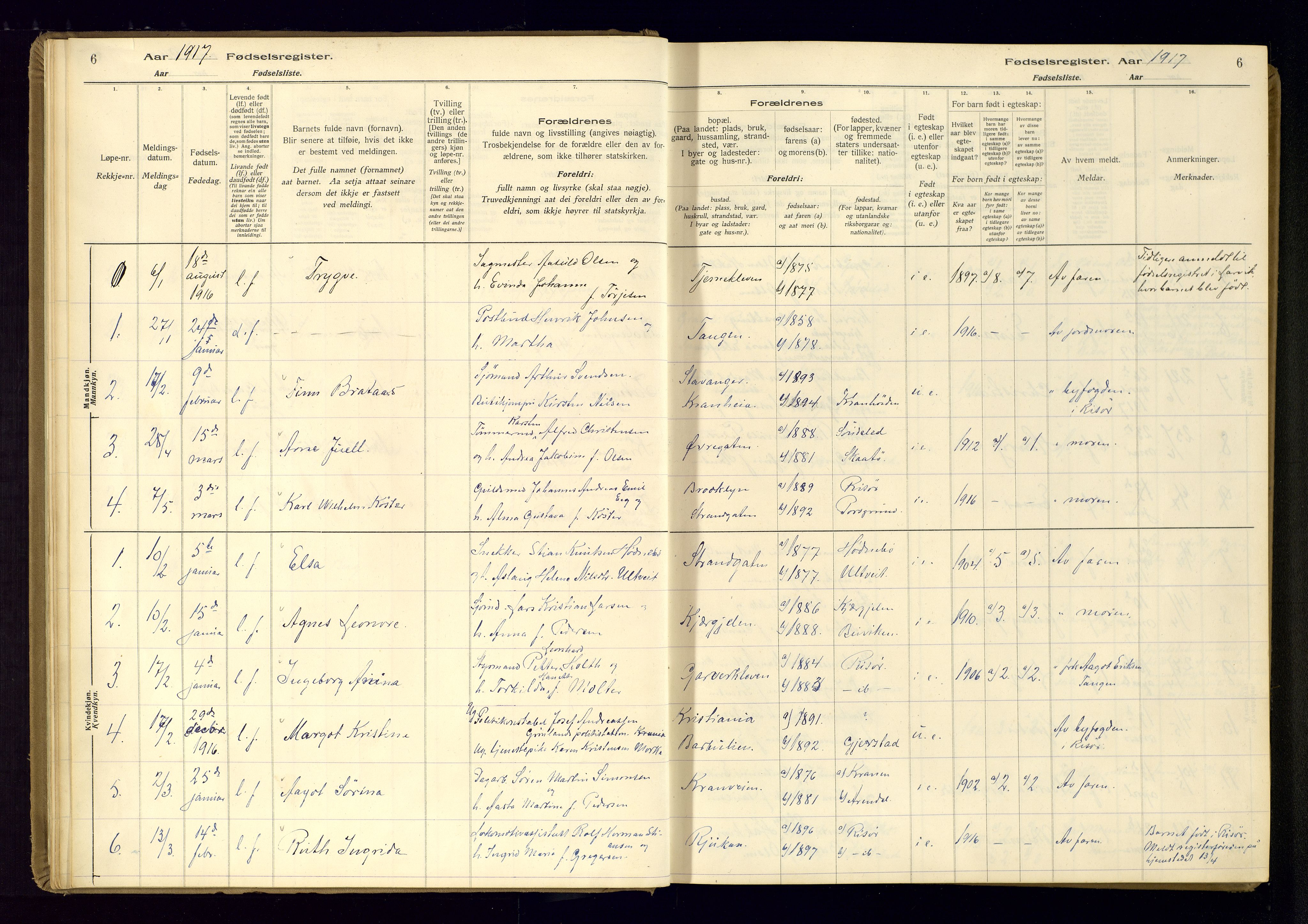 Risør sokneprestkontor, AV/SAK-1111-0035/J/Ja/L0001: Fødselsregister nr. A-VI-13, 1916-1947, s. 6