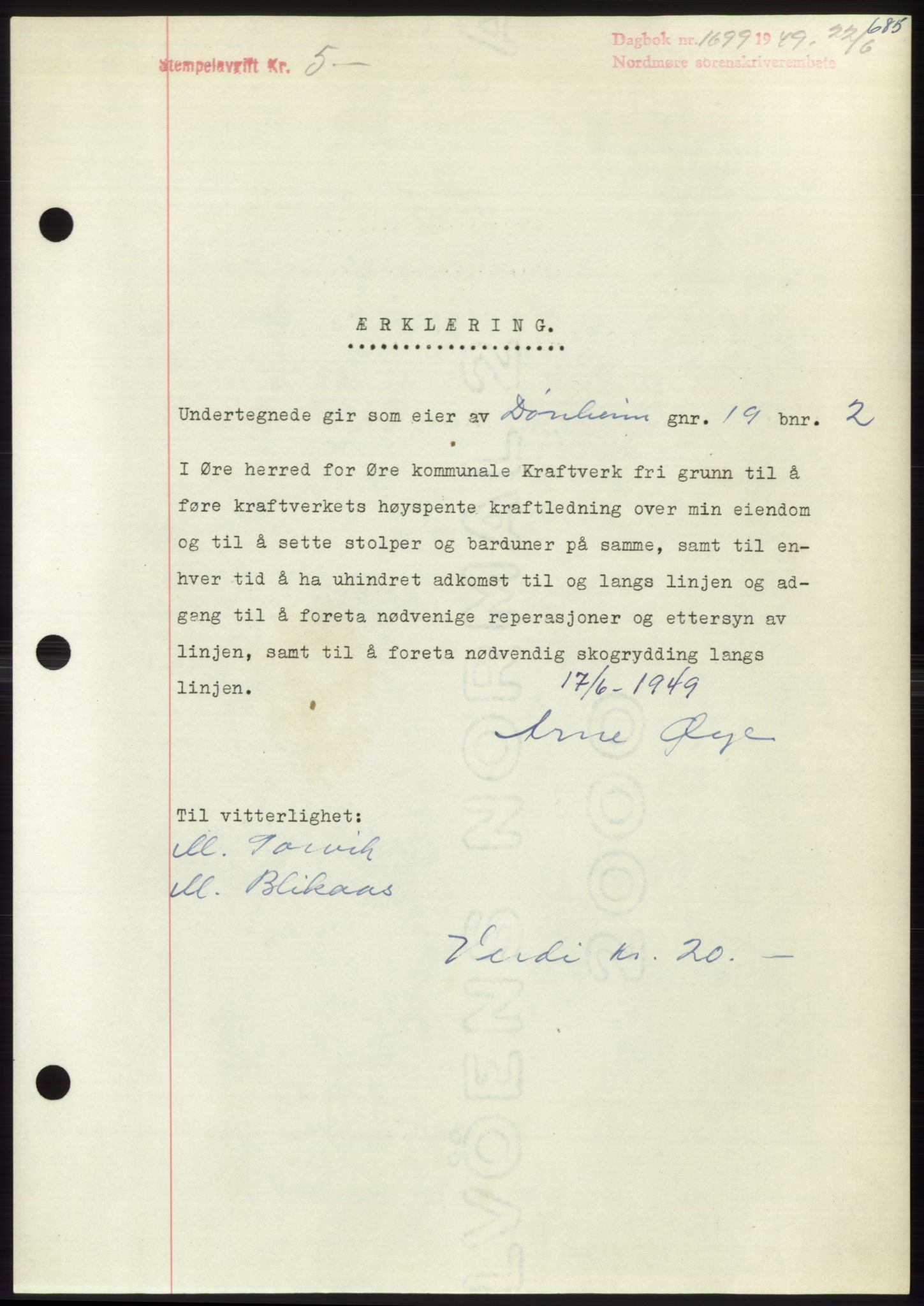 Nordmøre sorenskriveri, SAT/A-4132/1/2/2Ca: Pantebok nr. B101, 1949-1949, Dagboknr: 1699/1949