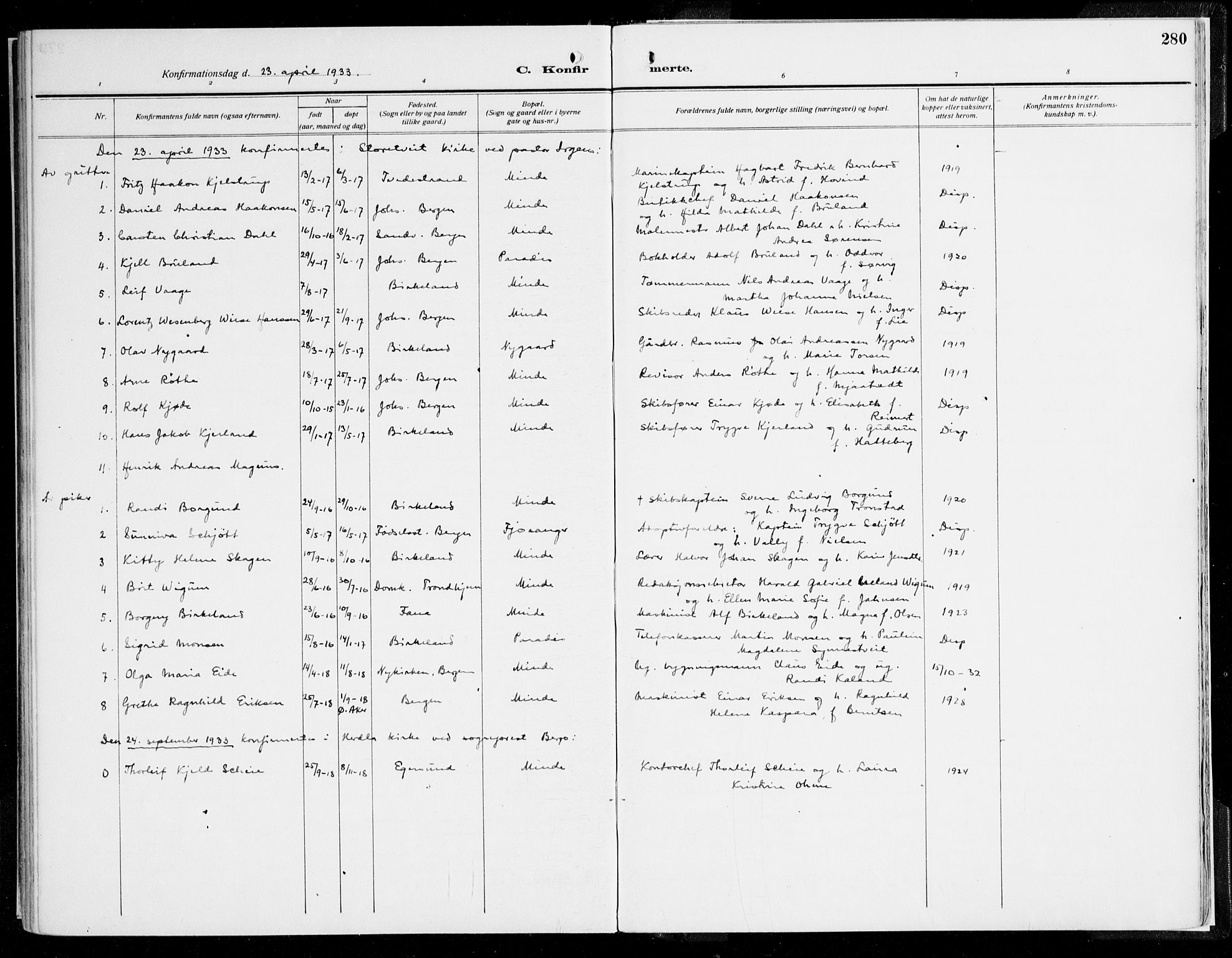 Fana Sokneprestembete, AV/SAB-A-75101/H/Haa/Haaj/L0001: Ministerialbok nr. J 1, 1921-1935, s. 280