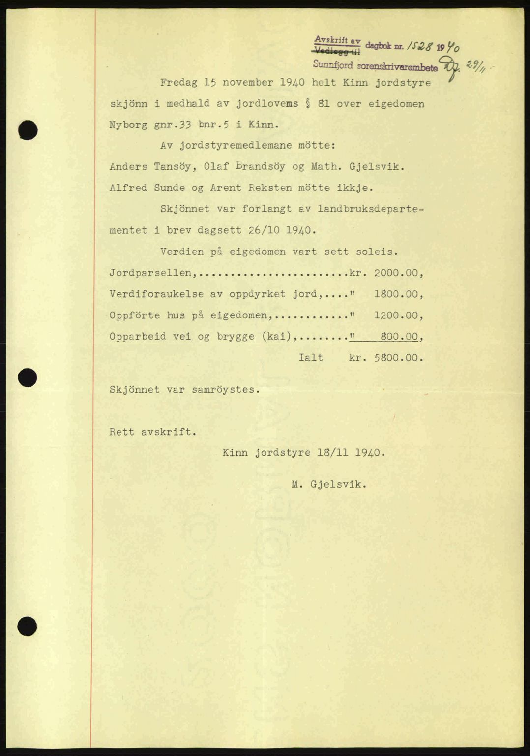 Sunnfjord tingrett, SAB/A-3201/1/G/Gb/Gbb/L0005: Pantebok nr. A5, 1940-1941, Dagboknr: 1528/1940