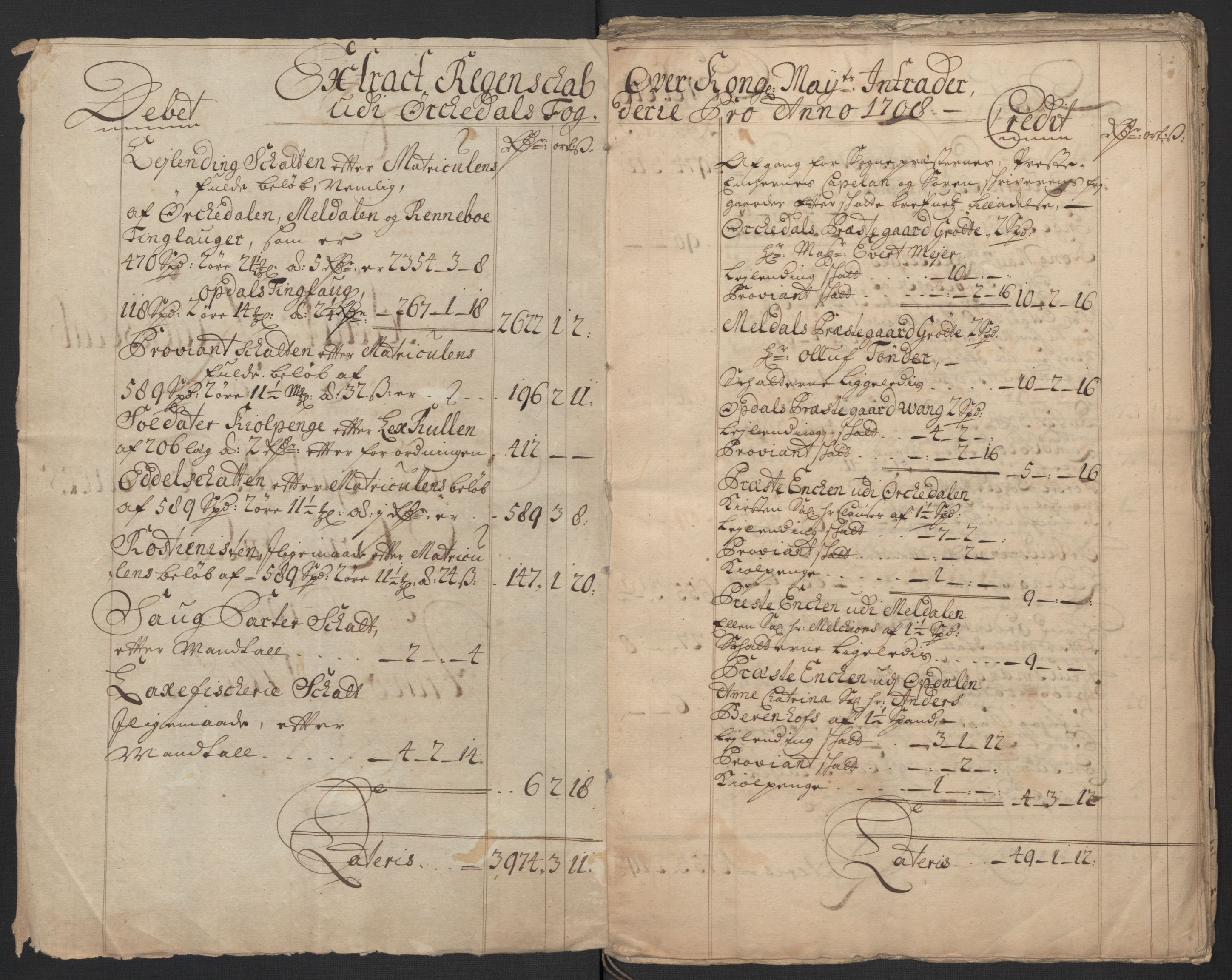 Rentekammeret inntil 1814, Reviderte regnskaper, Fogderegnskap, AV/RA-EA-4092/R60/L3958: Fogderegnskap Orkdal og Gauldal, 1708, s. 4