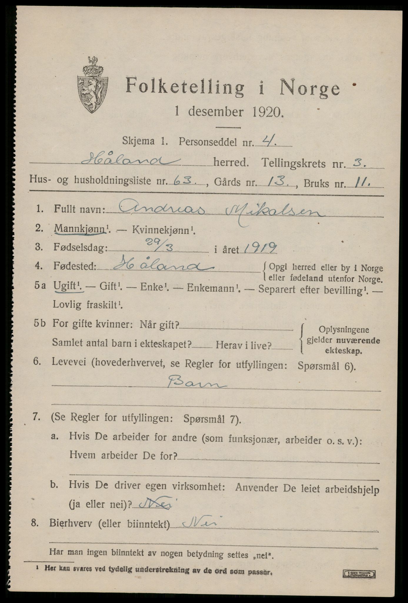 SAST, Folketelling 1920 for 1124 Håland herred, 1920, s. 3599