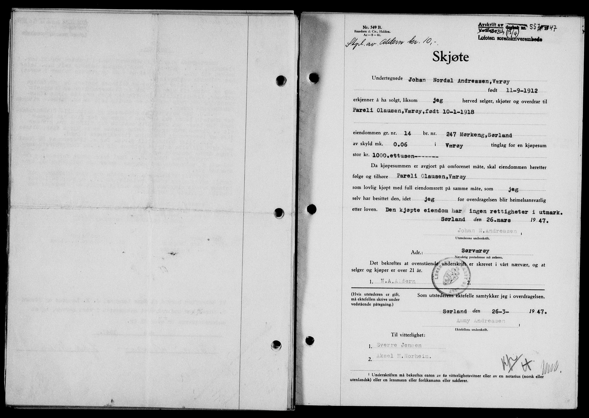 Lofoten sorenskriveri, SAT/A-0017/1/2/2C/L0015a: Pantebok nr. 15a, 1946-1947, Dagboknr: 557/1947