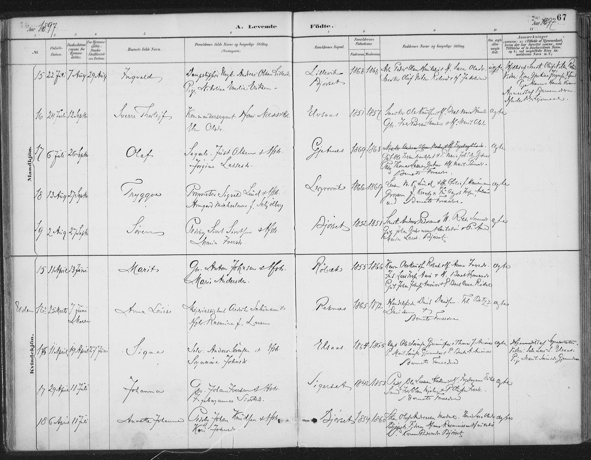 Ministerialprotokoller, klokkerbøker og fødselsregistre - Møre og Romsdal, AV/SAT-A-1454/555/L0658: Ministerialbok nr. 555A09, 1887-1917, s. 67