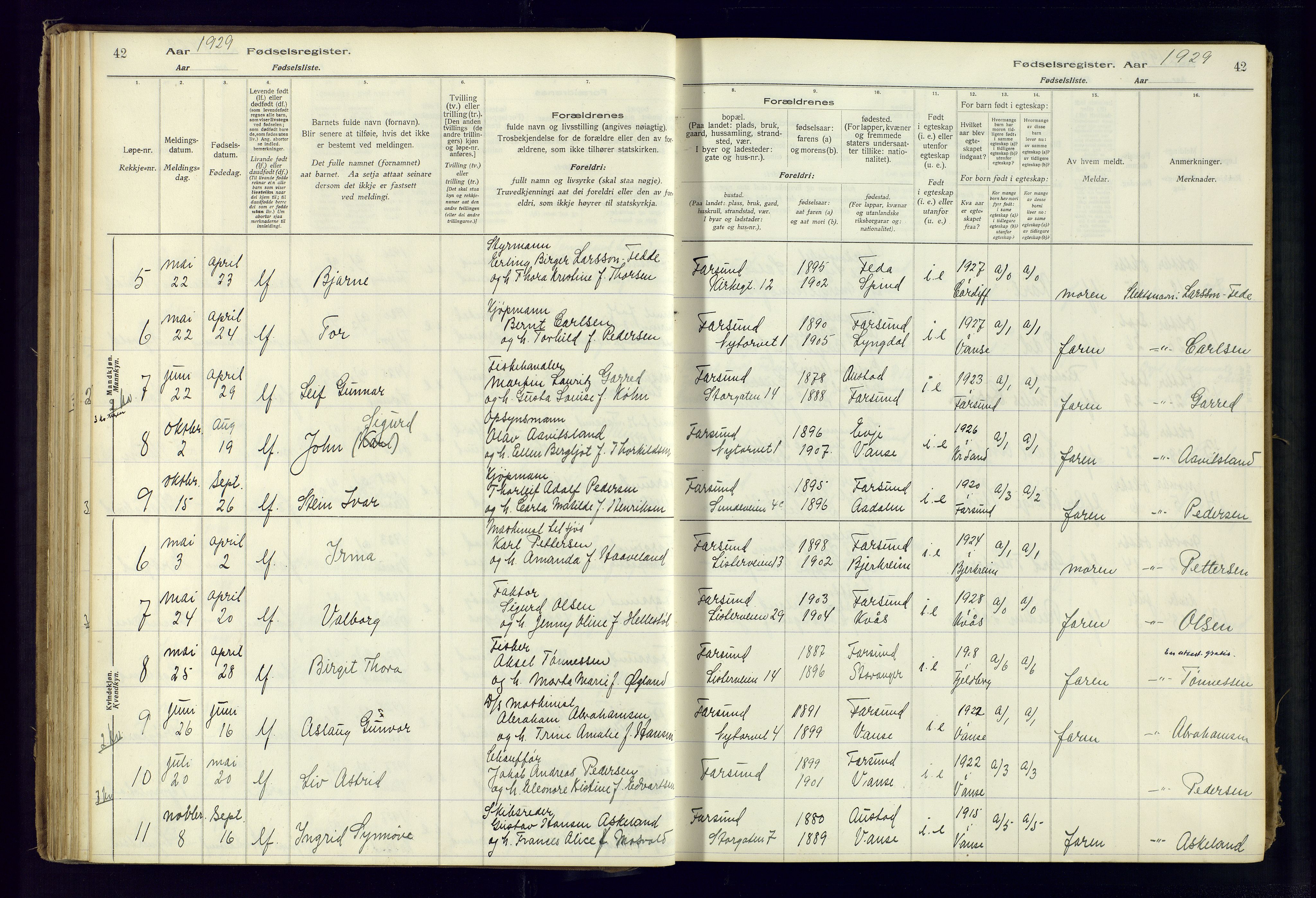 Farsund sokneprestkontor, AV/SAK-1111-0009/J/Ja/L0001: Fødselsregister nr. A-VI-8, 1916-1950, s. 42