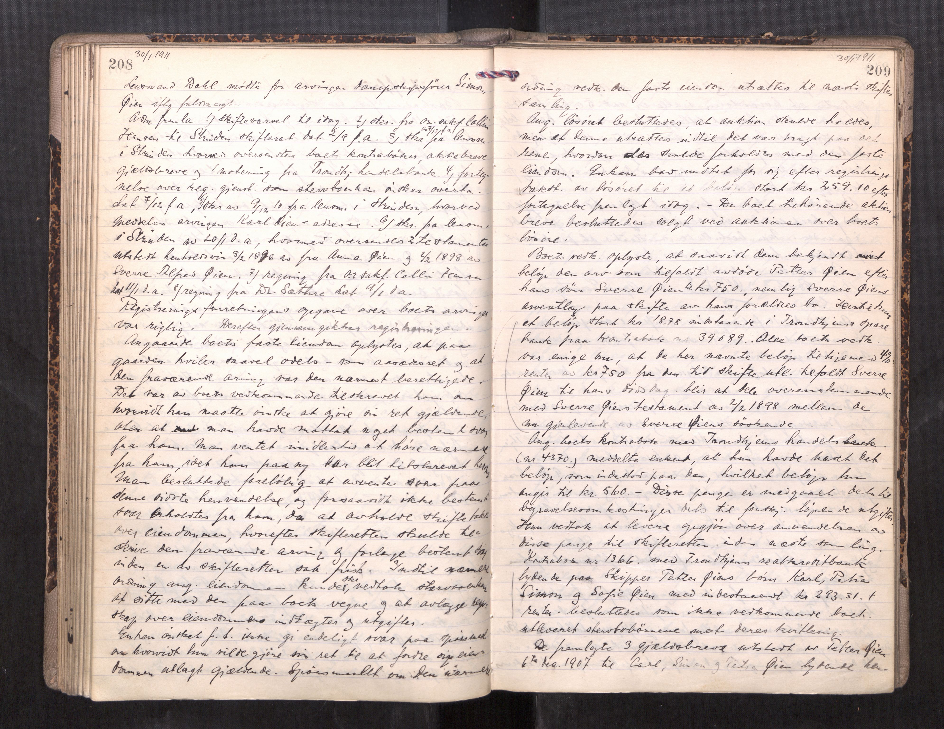 Strinda og Selbu sorenskriveri, AV/SAT-A-0015/3/3B/L0010: Skifteforhandlingsprot. 10, 1908-1913, s. 208-209