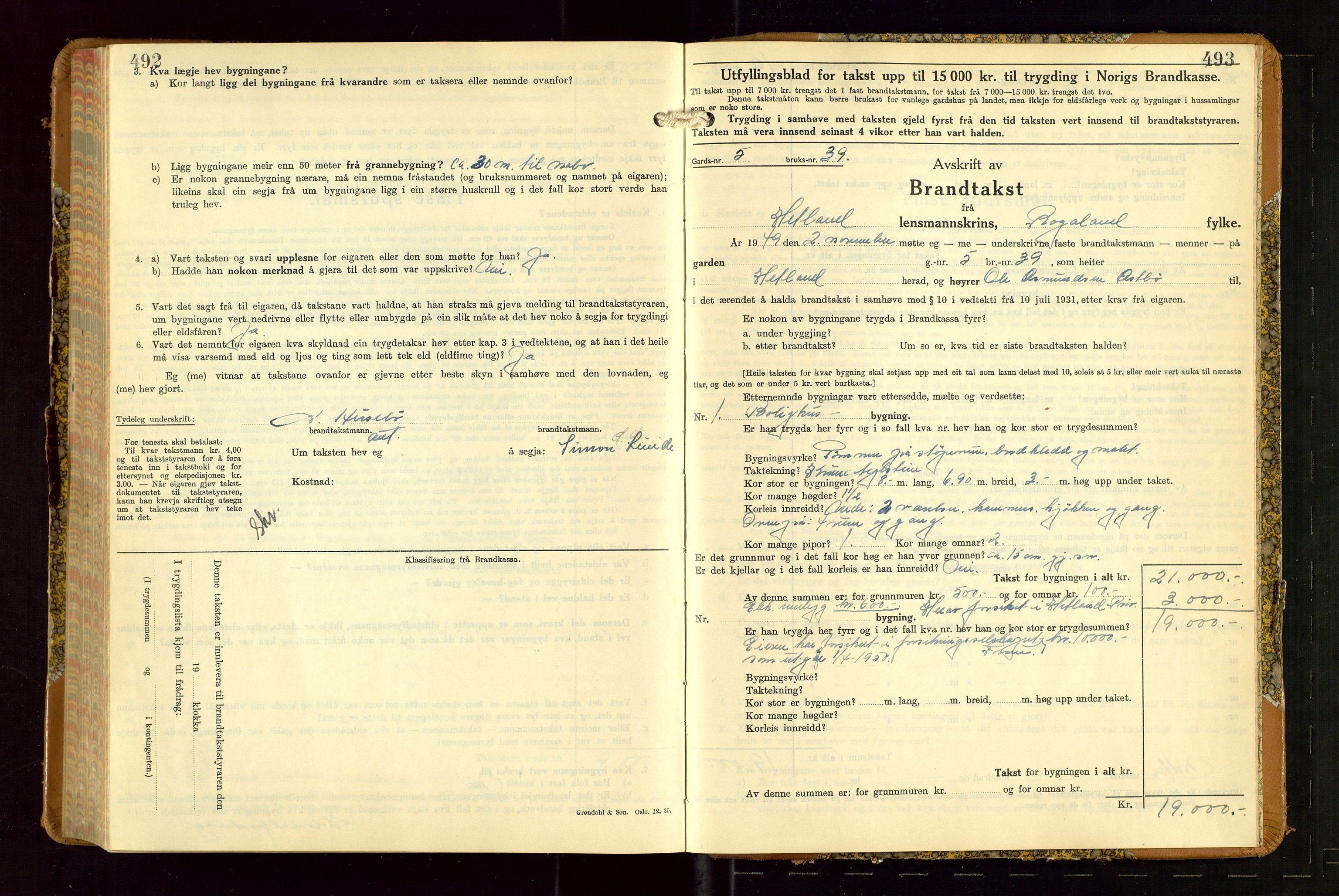 Hetland lensmannskontor, SAST/A-100101/Gob/L0007: "Brandtakstbok", 1939-1949, s. 492-493