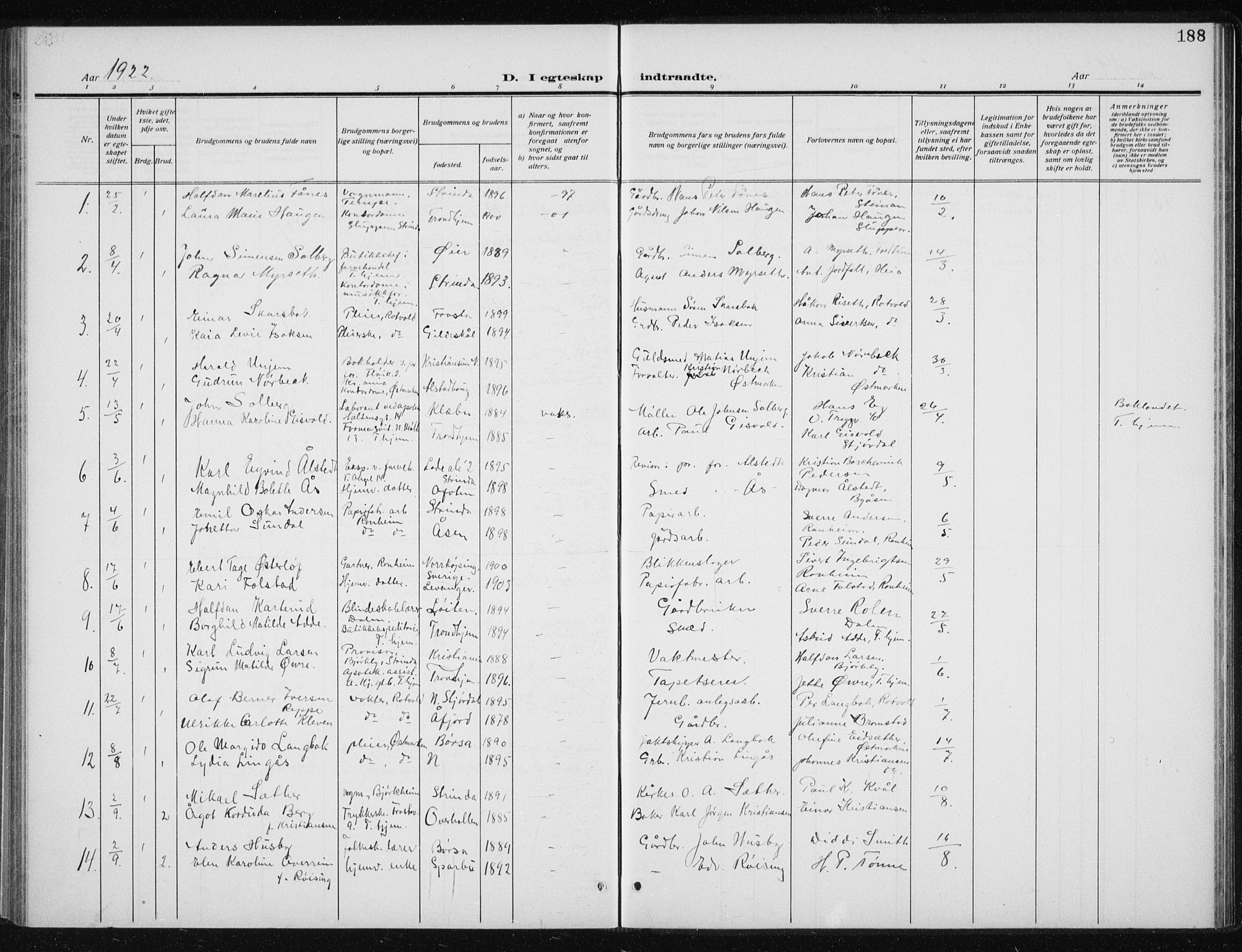 Ministerialprotokoller, klokkerbøker og fødselsregistre - Sør-Trøndelag, AV/SAT-A-1456/606/L0314: Klokkerbok nr. 606C10, 1911-1937, s. 188