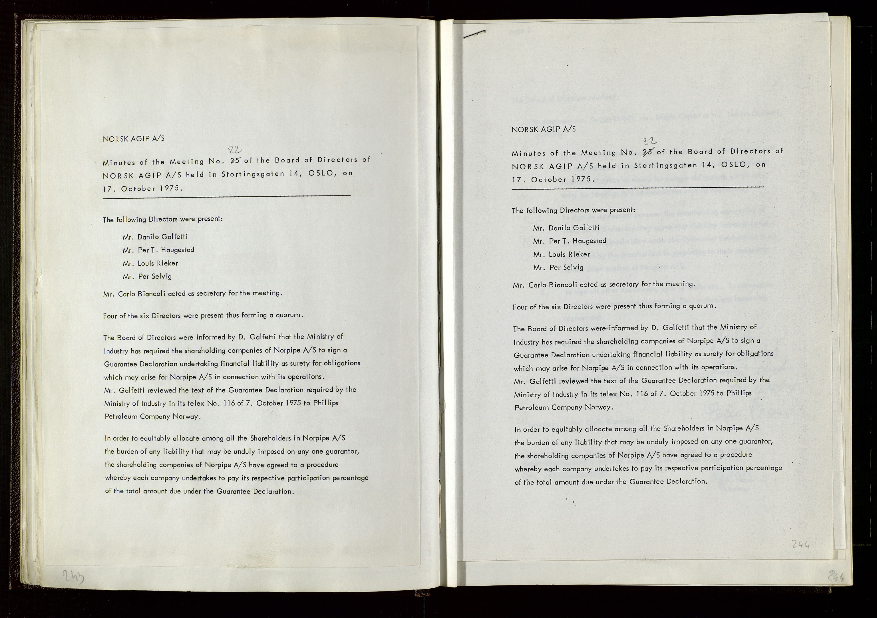 Pa 1583 - Norsk Agip AS, AV/SAST-A-102138/A/Aa/L0002: General assembly and Board of Directors meeting minutes, 1972-1979, s. 243-244