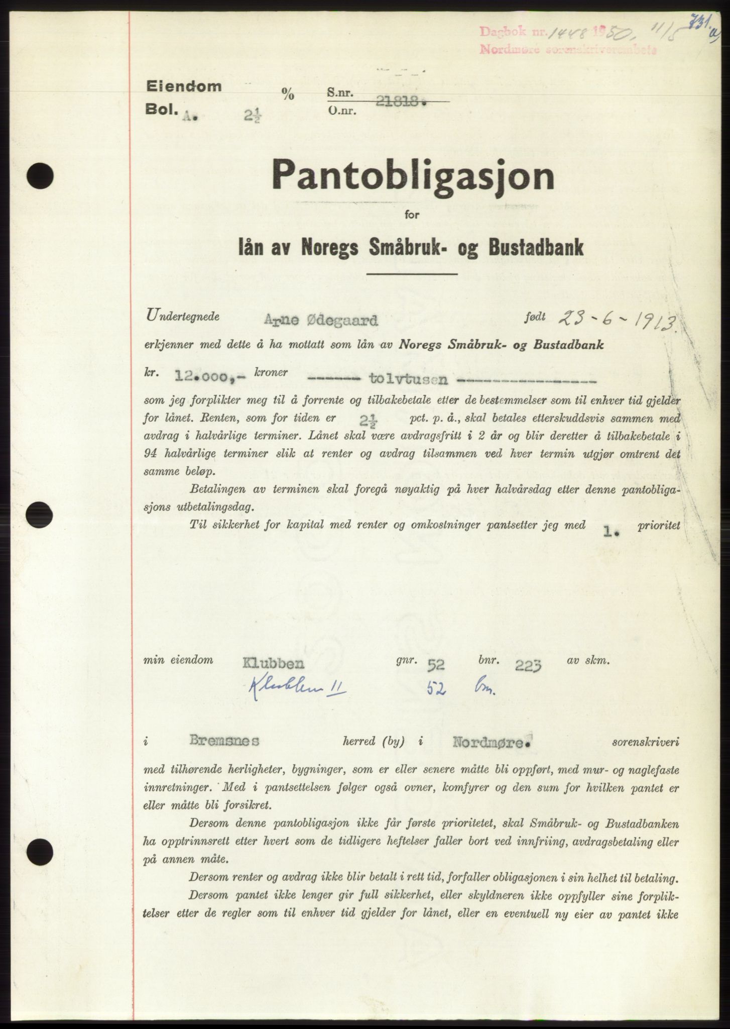 Nordmøre sorenskriveri, AV/SAT-A-4132/1/2/2Ca: Pantebok nr. B104, 1950-1950, Dagboknr: 1448/1950