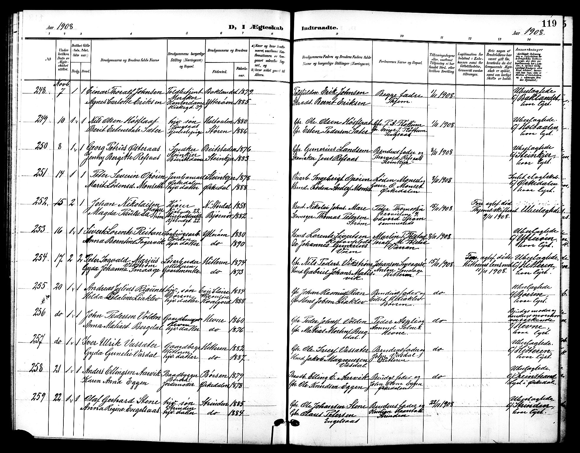 Ministerialprotokoller, klokkerbøker og fødselsregistre - Sør-Trøndelag, SAT/A-1456/601/L0095: Klokkerbok nr. 601C13, 1902-1911, s. 119