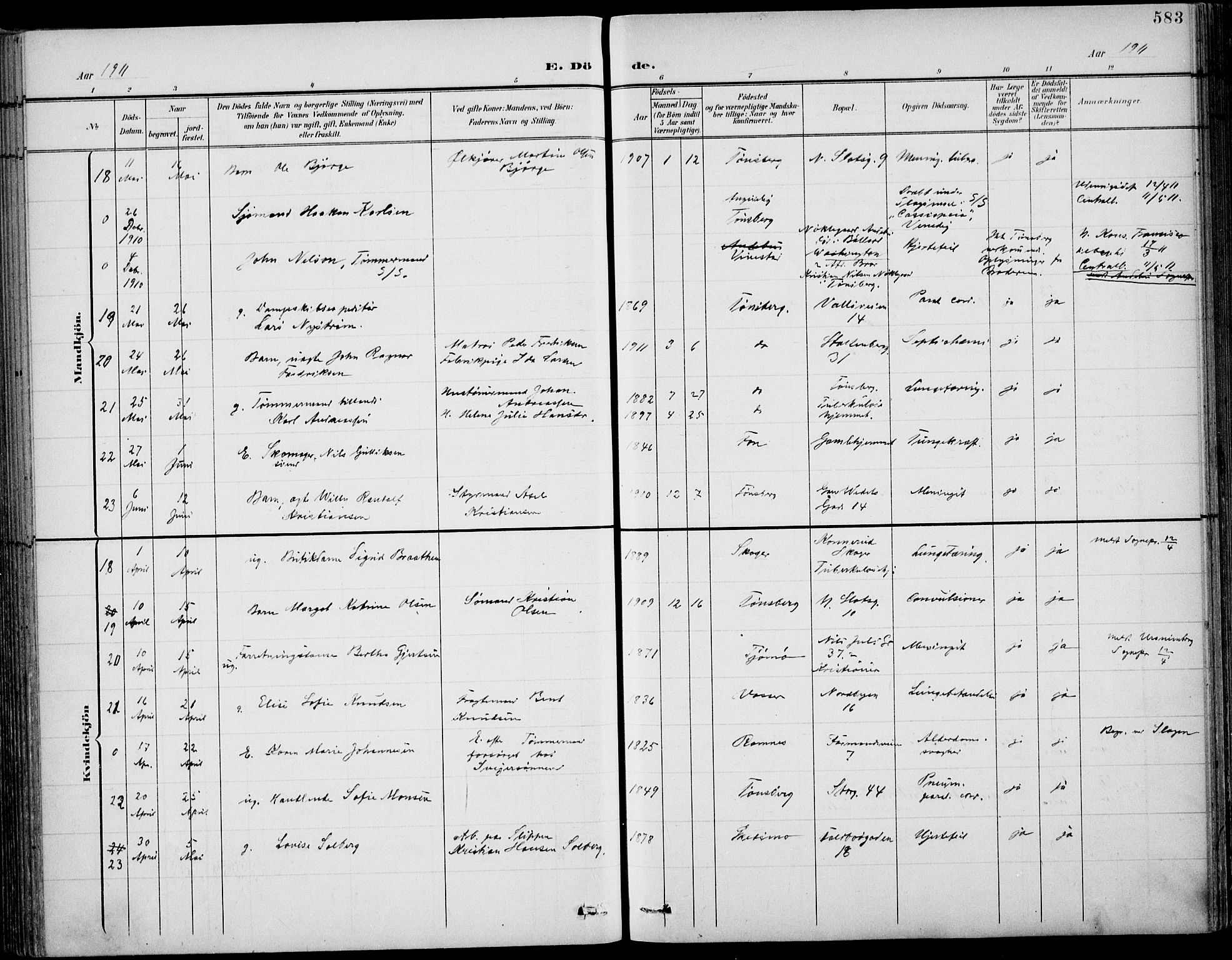 Tønsberg kirkebøker, AV/SAKO-A-330/F/Fa/L0013: Ministerialbok nr. I 13, 1900-1913, s. 583