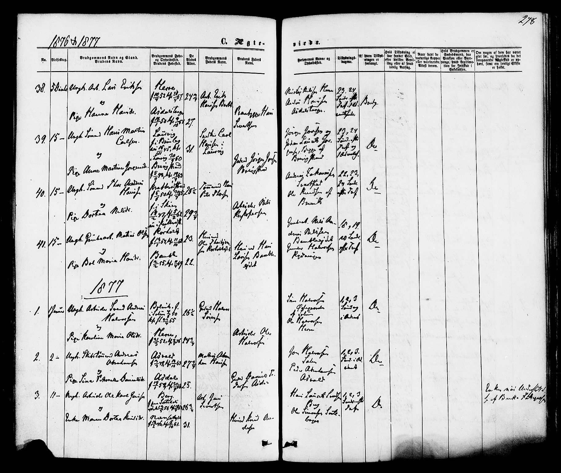 Bamble kirkebøker, AV/SAKO-A-253/F/Fa/L0006: Ministerialbok nr. I 6, 1869-1877, s. 278