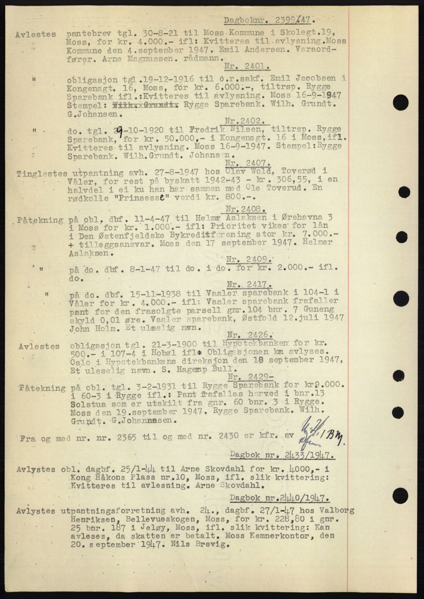 Moss sorenskriveri, SAO/A-10168: Pantebok nr. C10, 1938-1950, Dagboknr: 2399/1947