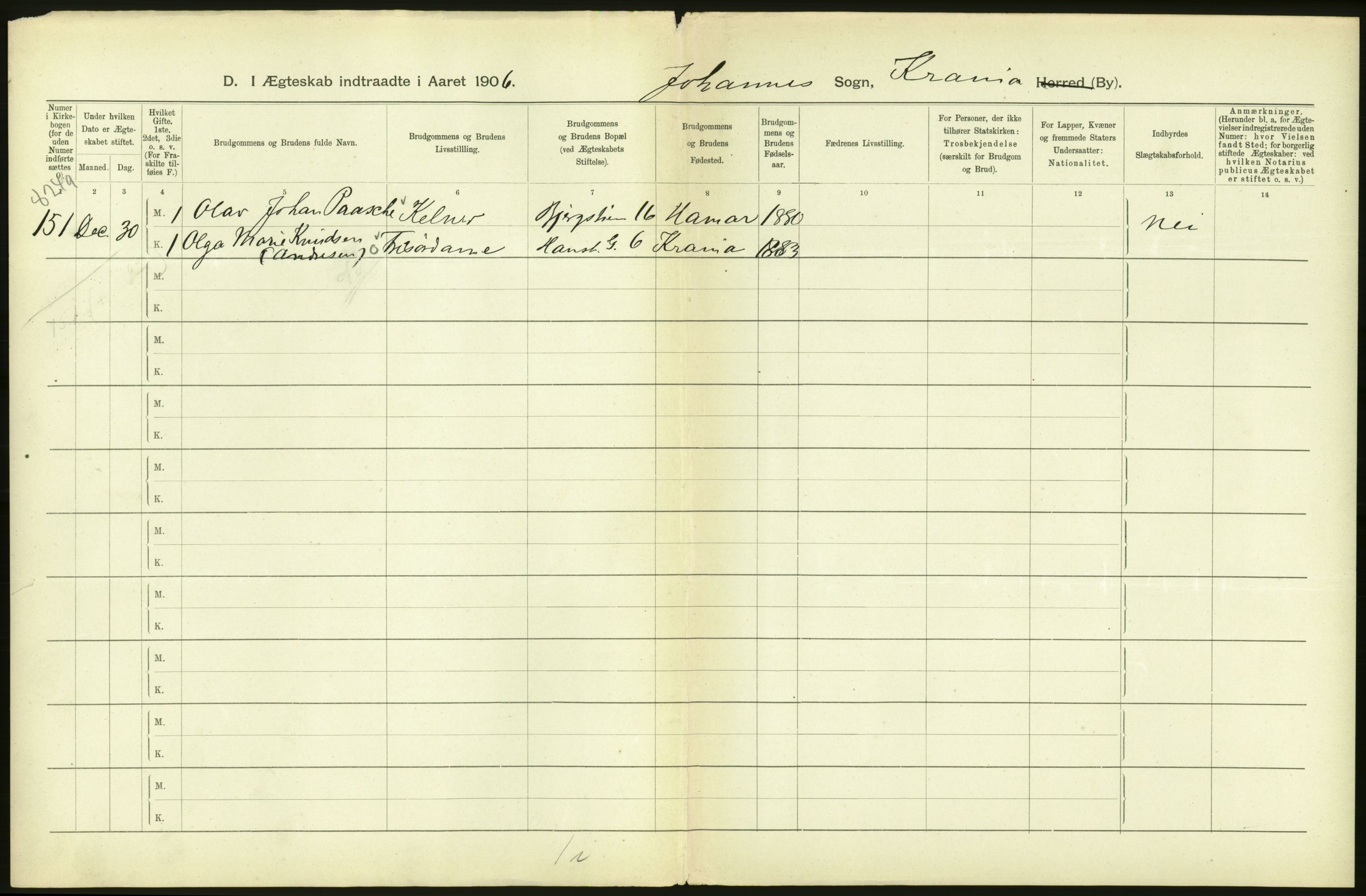 Statistisk sentralbyrå, Sosiodemografiske emner, Befolkning, AV/RA-S-2228/D/Df/Dfa/Dfad/L0008: Kristiania: Gifte, 1906, s. 350