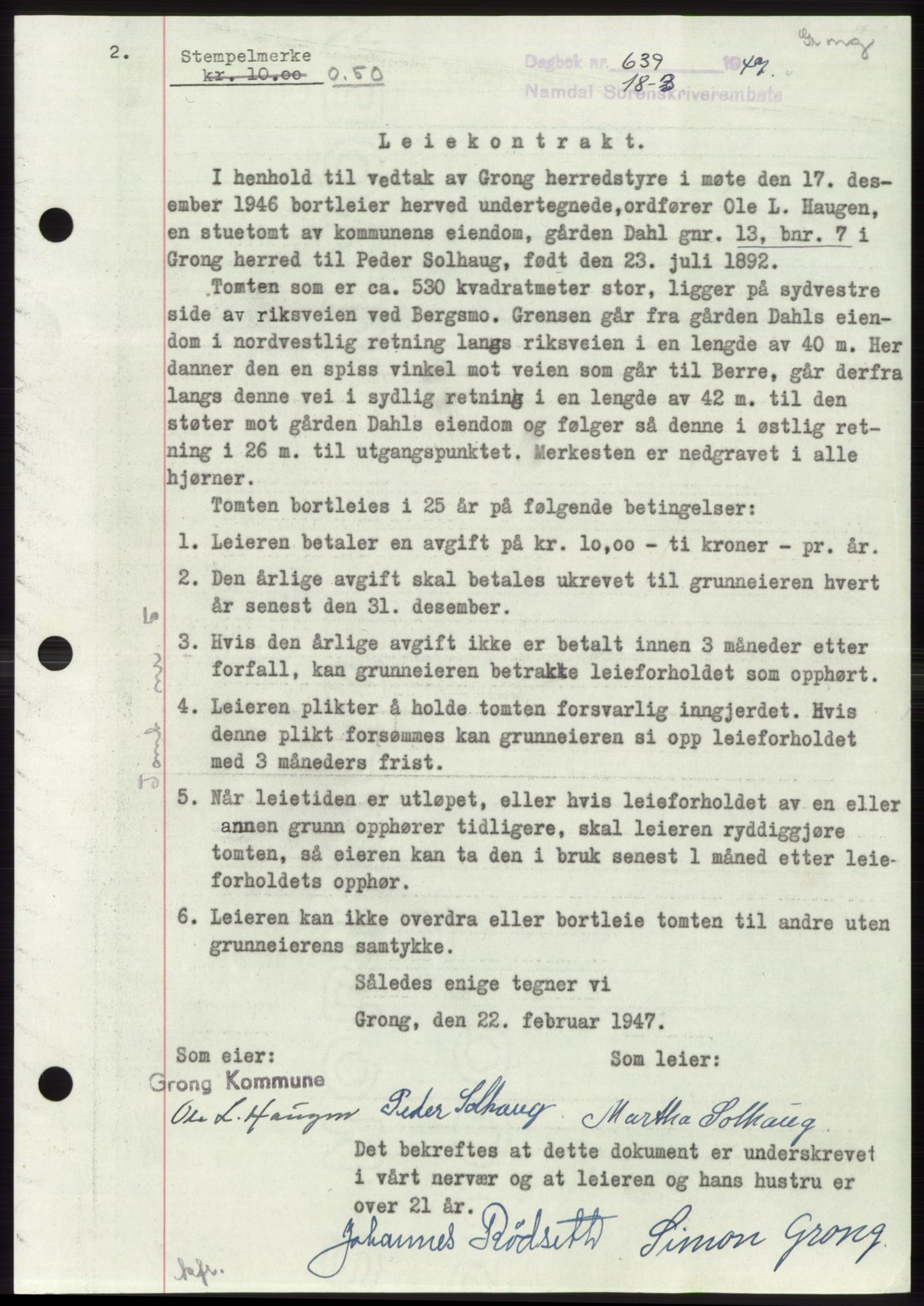 Namdal sorenskriveri, SAT/A-4133/1/2/2C: Pantebok nr. -, 1946-1947, Dagboknr: 639/1947