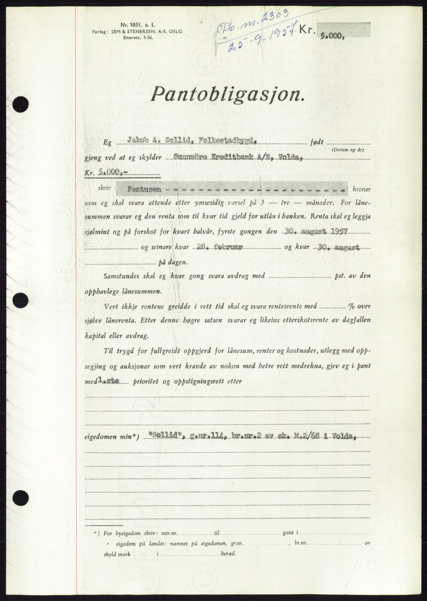 Søre Sunnmøre sorenskriveri, AV/SAT-A-4122/1/2/2C/L0130: Pantebok nr. 18B, 1957-1958, Dagboknr: 2303/1957