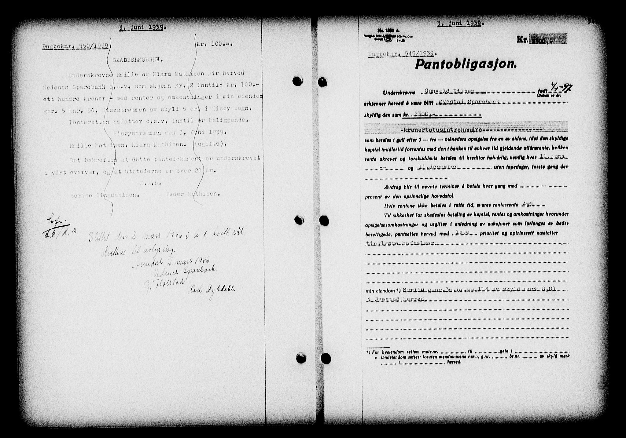 Nedenes sorenskriveri, SAK/1221-0006/G/Gb/Gba/L0046: Pantebok nr. 42, 1938-1939, Dagboknr: 549/1939