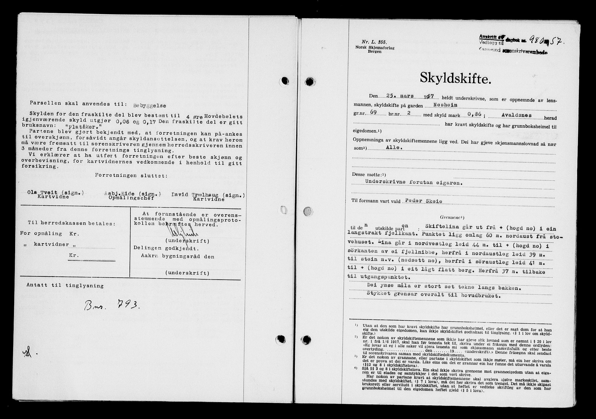Karmsund sorenskriveri, SAST/A-100311/01/II/IIB/L0124: Pantebok nr. 104A, 1957-1957, Dagboknr: 980/1957