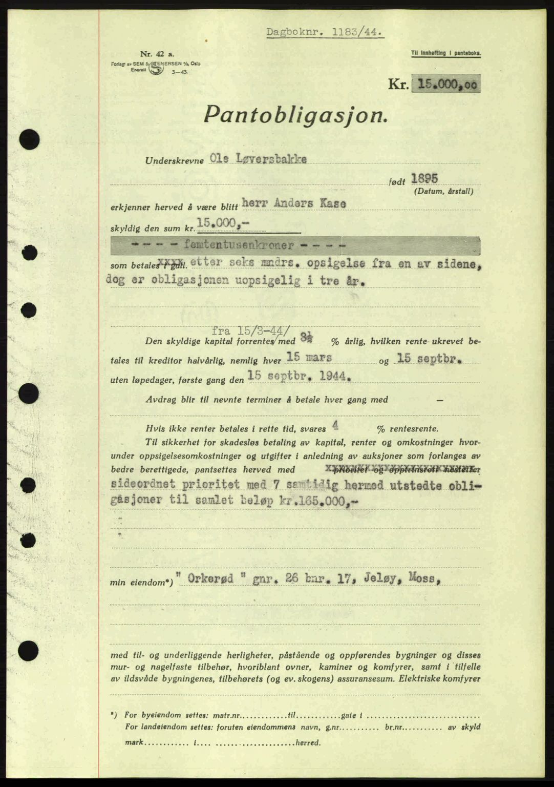 Moss sorenskriveri, SAO/A-10168: Pantebok nr. B13, 1943-1945, Dagboknr: 1183/1944