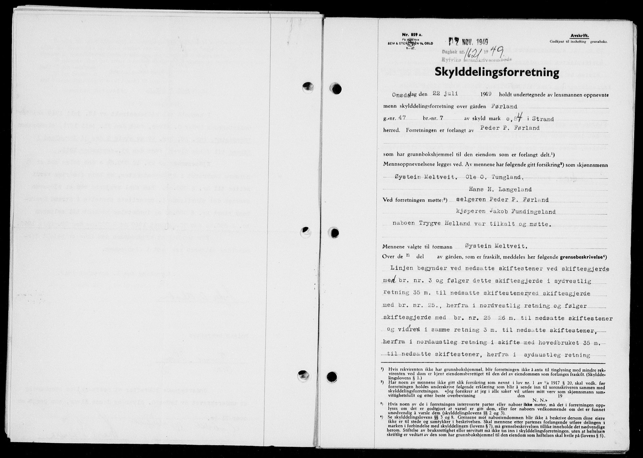 Ryfylke tingrett, SAST/A-100055/001/II/IIB/L0108: Pantebok nr. 87, 1949-1950, Dagboknr: 1621/1949