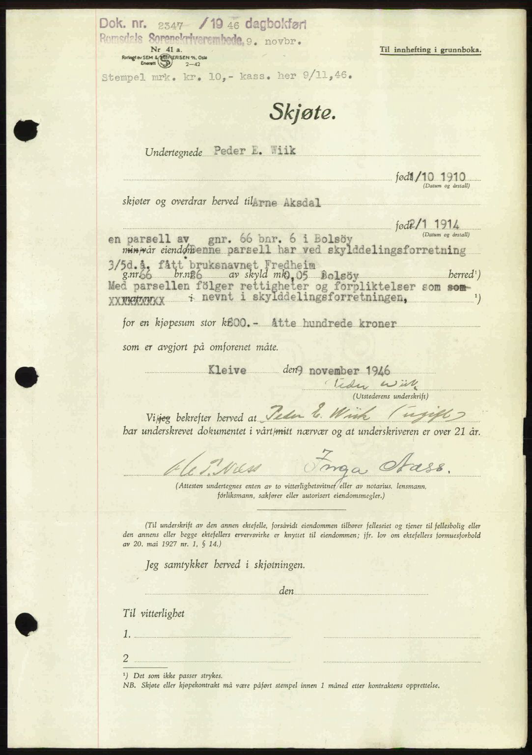 Romsdal sorenskriveri, AV/SAT-A-4149/1/2/2C: Pantebok nr. A21, 1946-1946, Dagboknr: 2347/1946