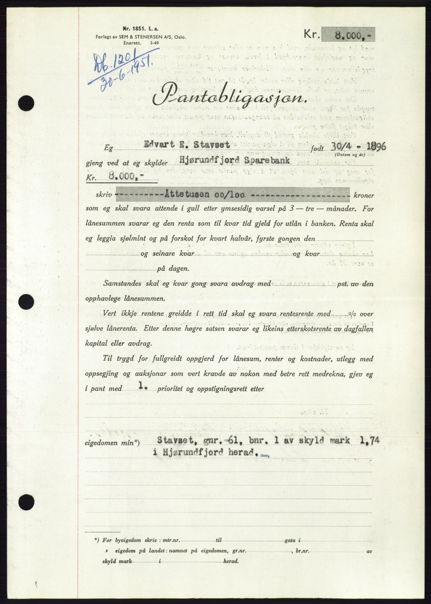 Søre Sunnmøre sorenskriveri, AV/SAT-A-4122/1/2/2C/L0120: Pantebok nr. 8B, 1951-1951, Dagboknr: 1201/1951