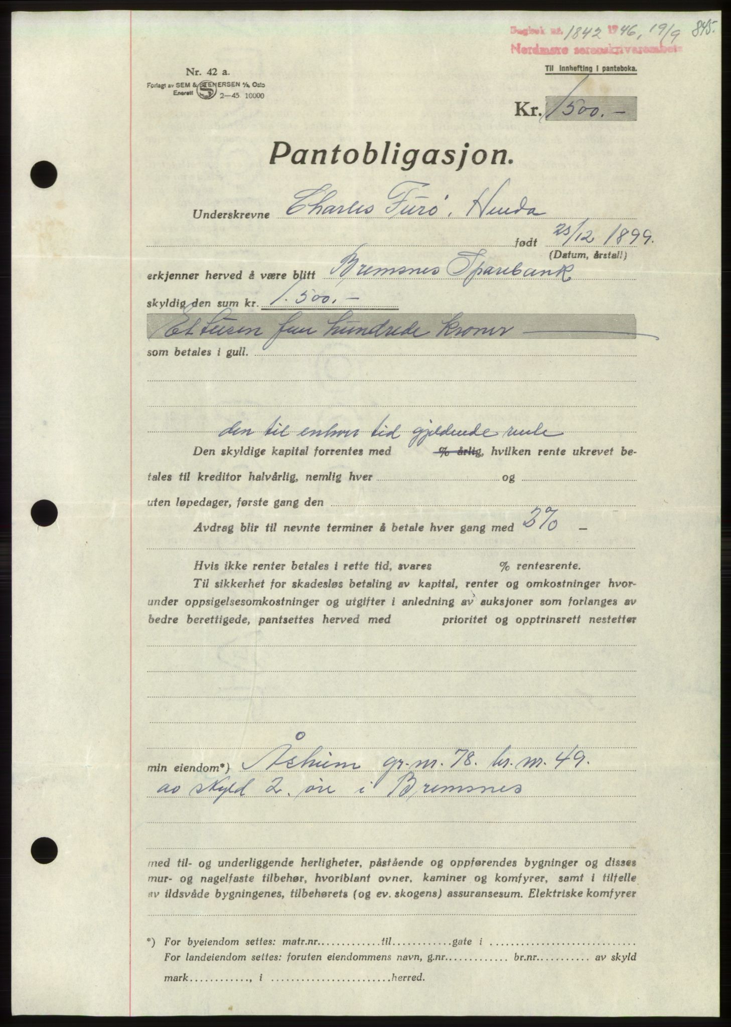 Nordmøre sorenskriveri, SAT/A-4132/1/2/2Ca: Pantebok nr. B94, 1946-1946, Dagboknr: 1842/1946