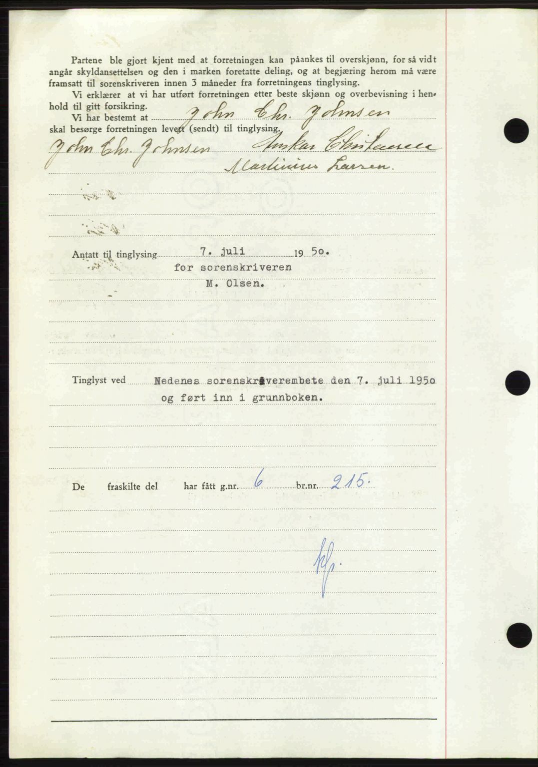 Nedenes sorenskriveri, SAK/1221-0006/G/Gb/Gba/L0062: Pantebok nr. A14, 1949-1950, Dagboknr: 971/1950