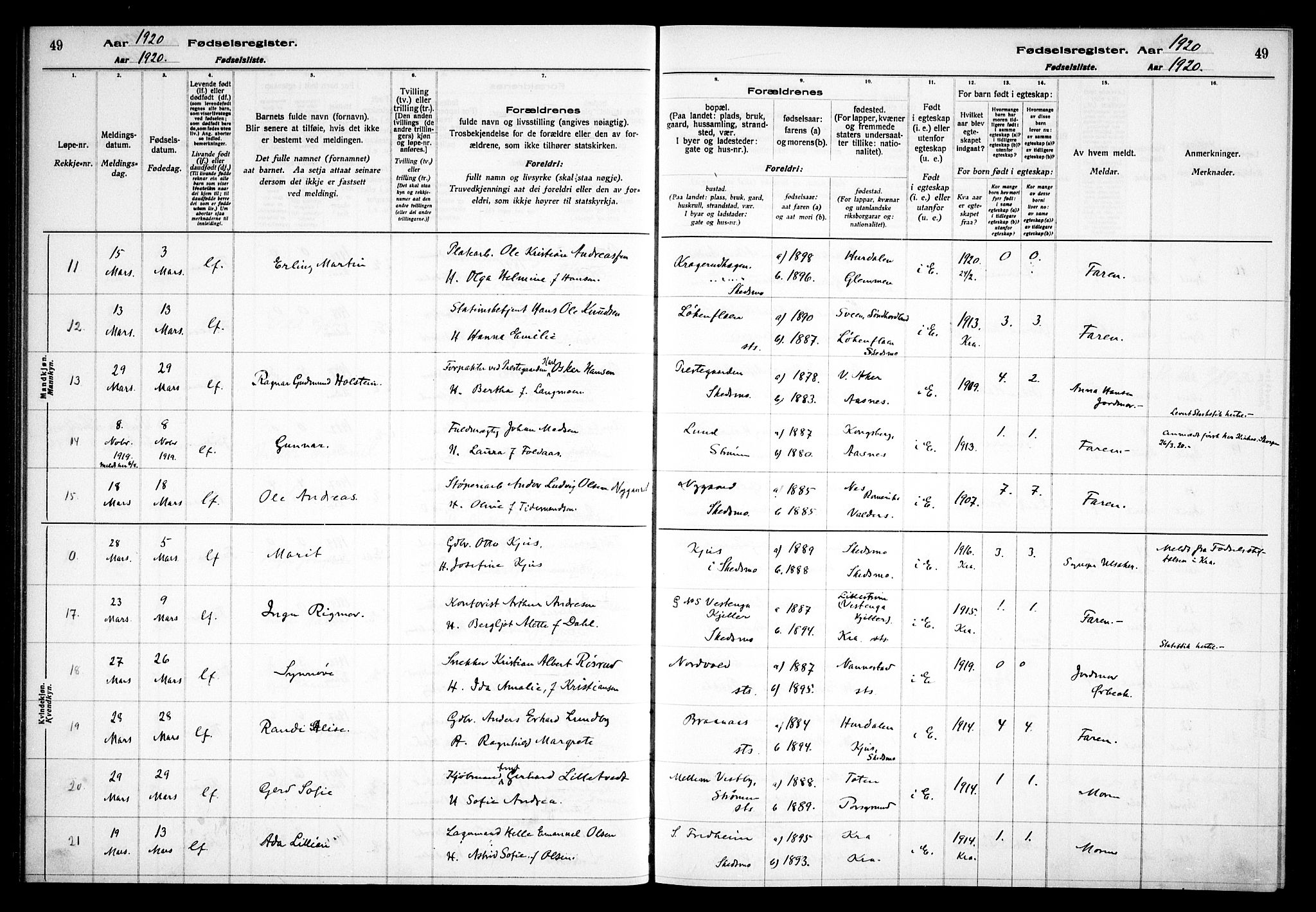 Skedsmo prestekontor Kirkebøker, AV/SAO-A-10033a/J/Ja/L0001: Fødselsregister nr. I 1, 1916-1931, s. 49