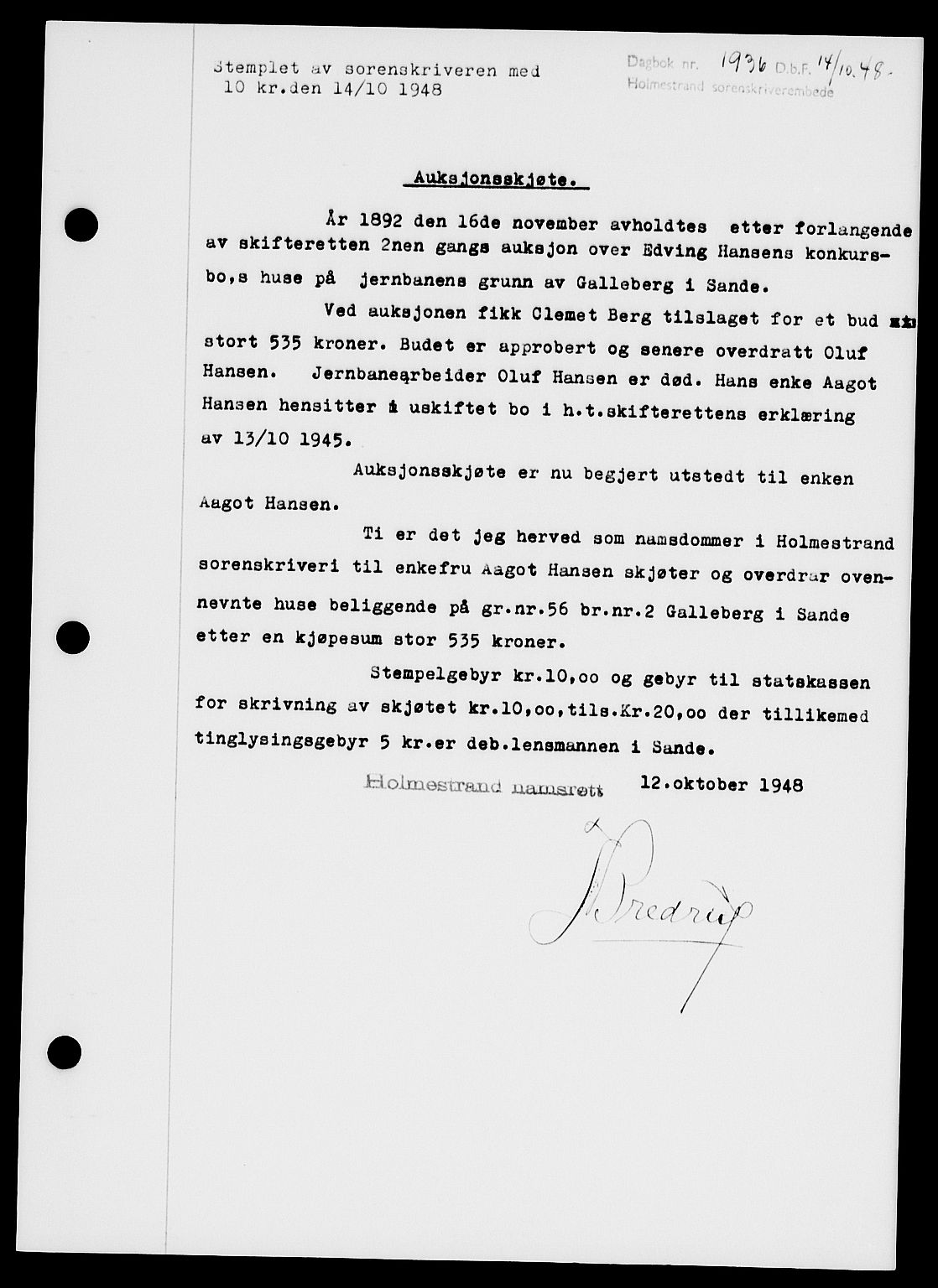 Holmestrand sorenskriveri, SAKO/A-67/G/Ga/Gaa/L0065: Pantebok nr. A-65, 1948-1949, Dagboknr: 1936/1948