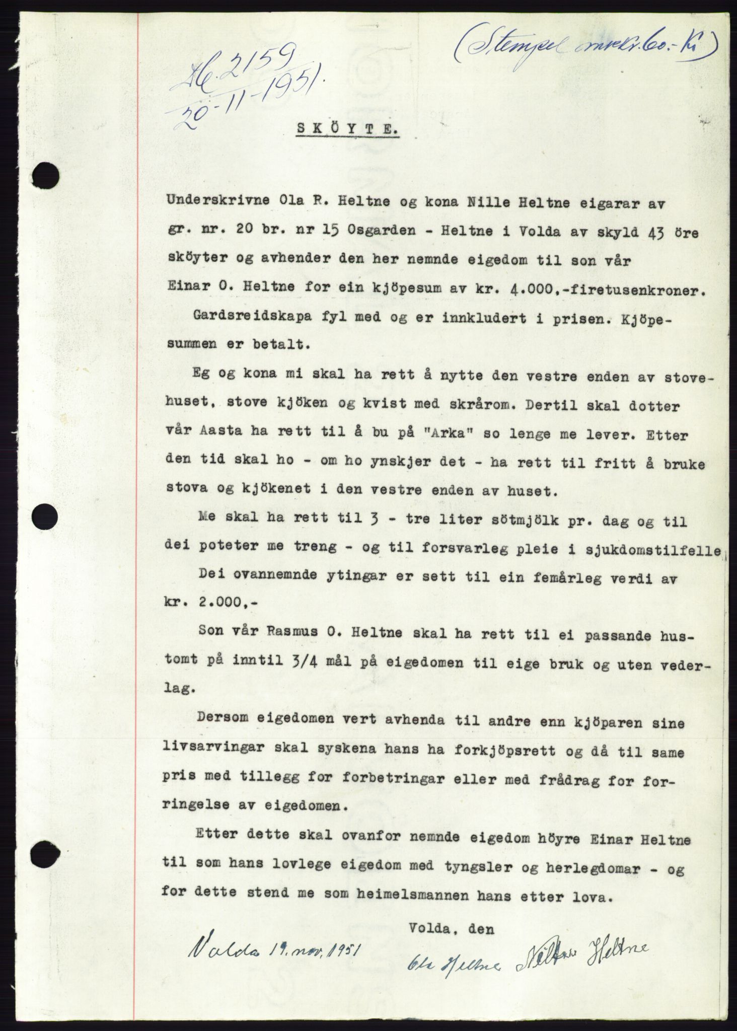 Søre Sunnmøre sorenskriveri, AV/SAT-A-4122/1/2/2C/L0090: Pantebok nr. 16A, 1951-1951, Dagboknr: 2159/1951