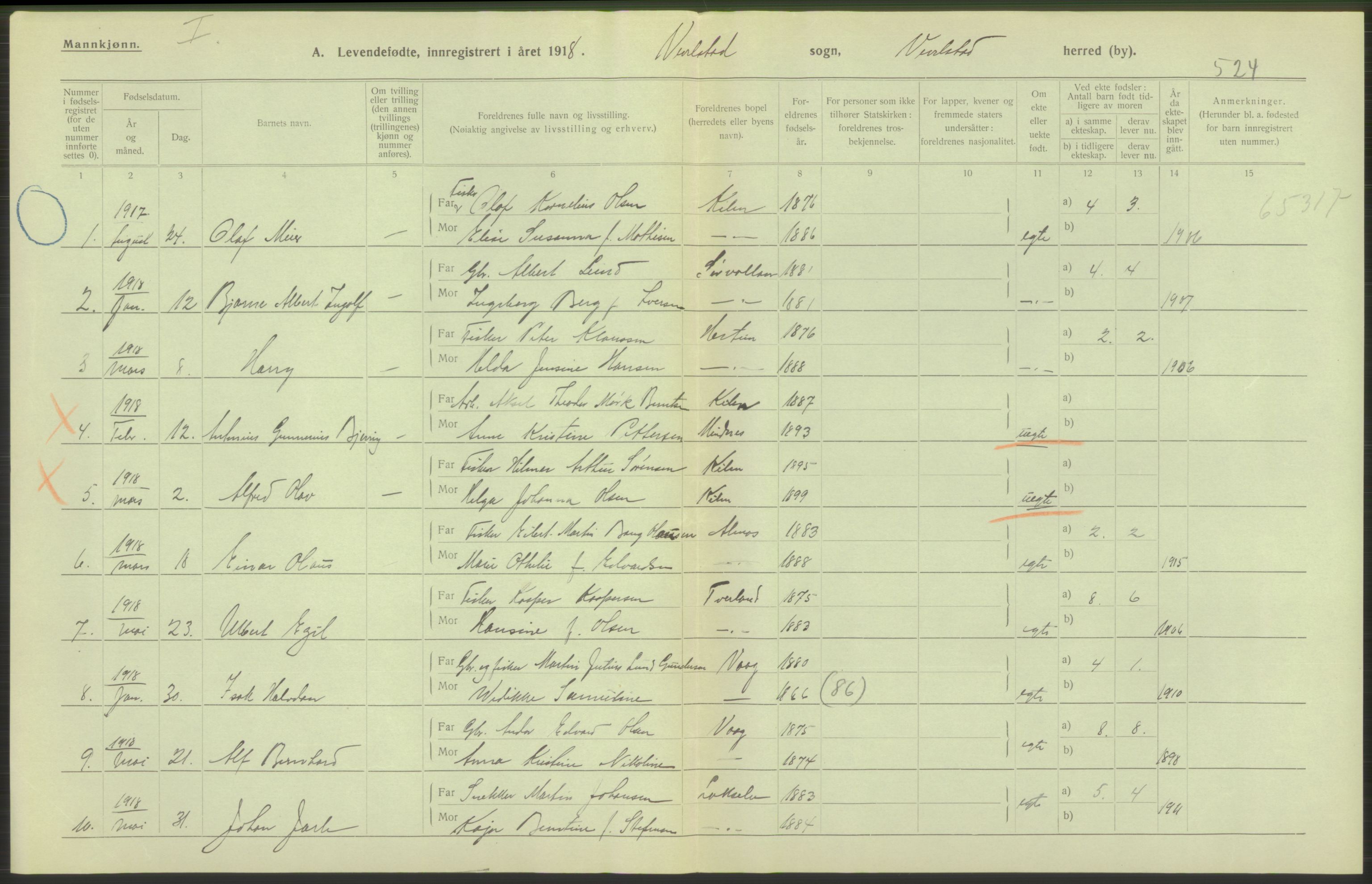 Statistisk sentralbyrå, Sosiodemografiske emner, Befolkning, RA/S-2228/D/Df/Dfb/Dfbh/L0052: Nordland fylke: Levendefødte menn og kvinner. Bygder., 1918, s. 46