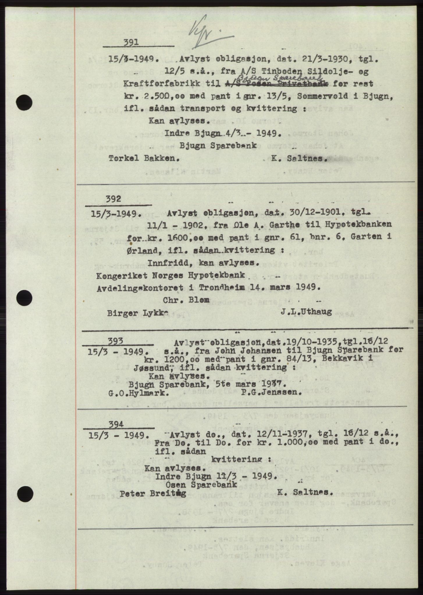 Fosen sorenskriveri, AV/SAT-A-1107/1/2/2C: Pantebok nr. B3, 1948-1950, Dagboknr: 391/1949
