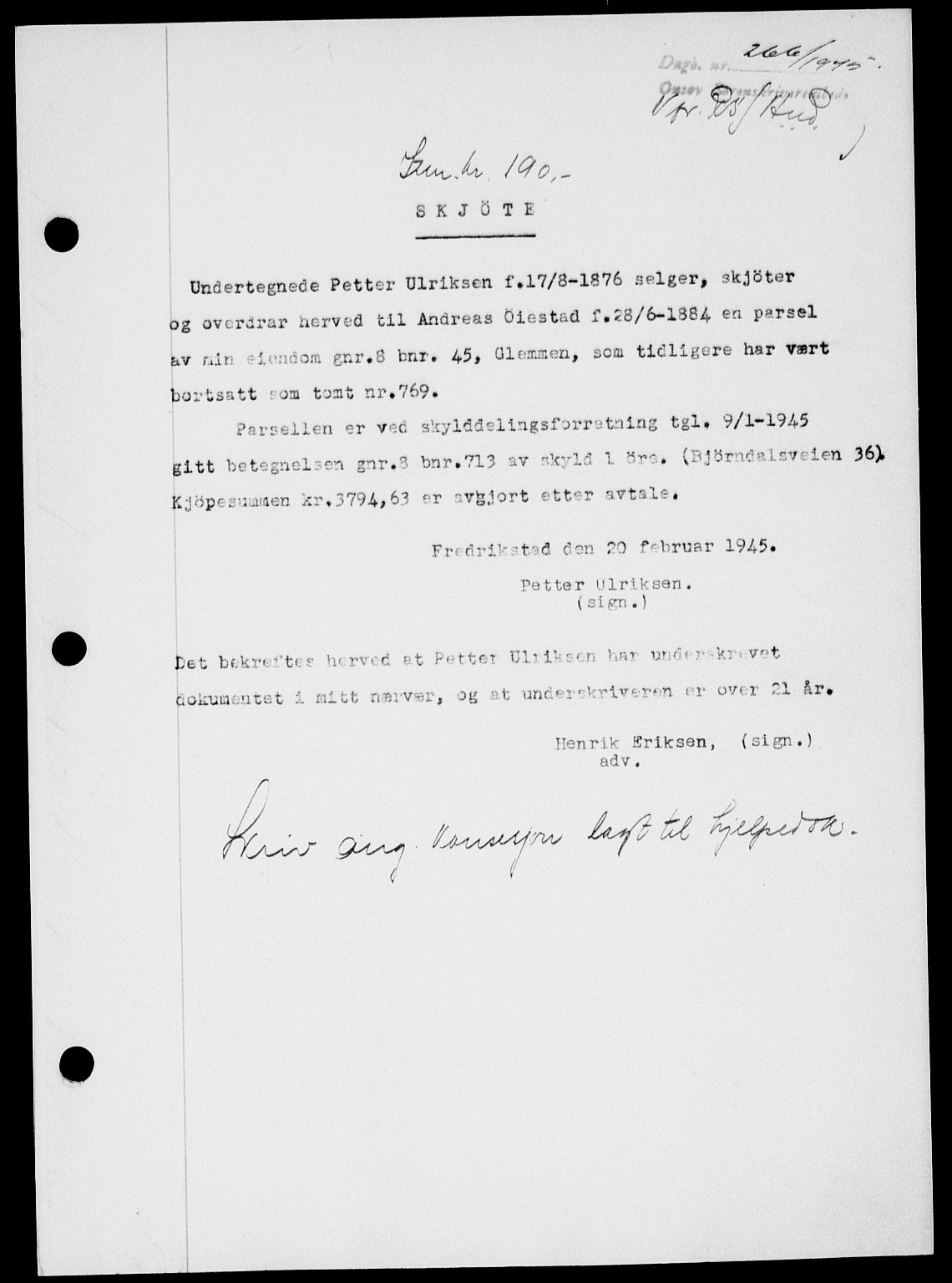 Onsøy sorenskriveri, SAO/A-10474/G/Ga/Gab/L0014: Pantebok nr. II A-14, 1944-1945, Dagboknr: 266/1945