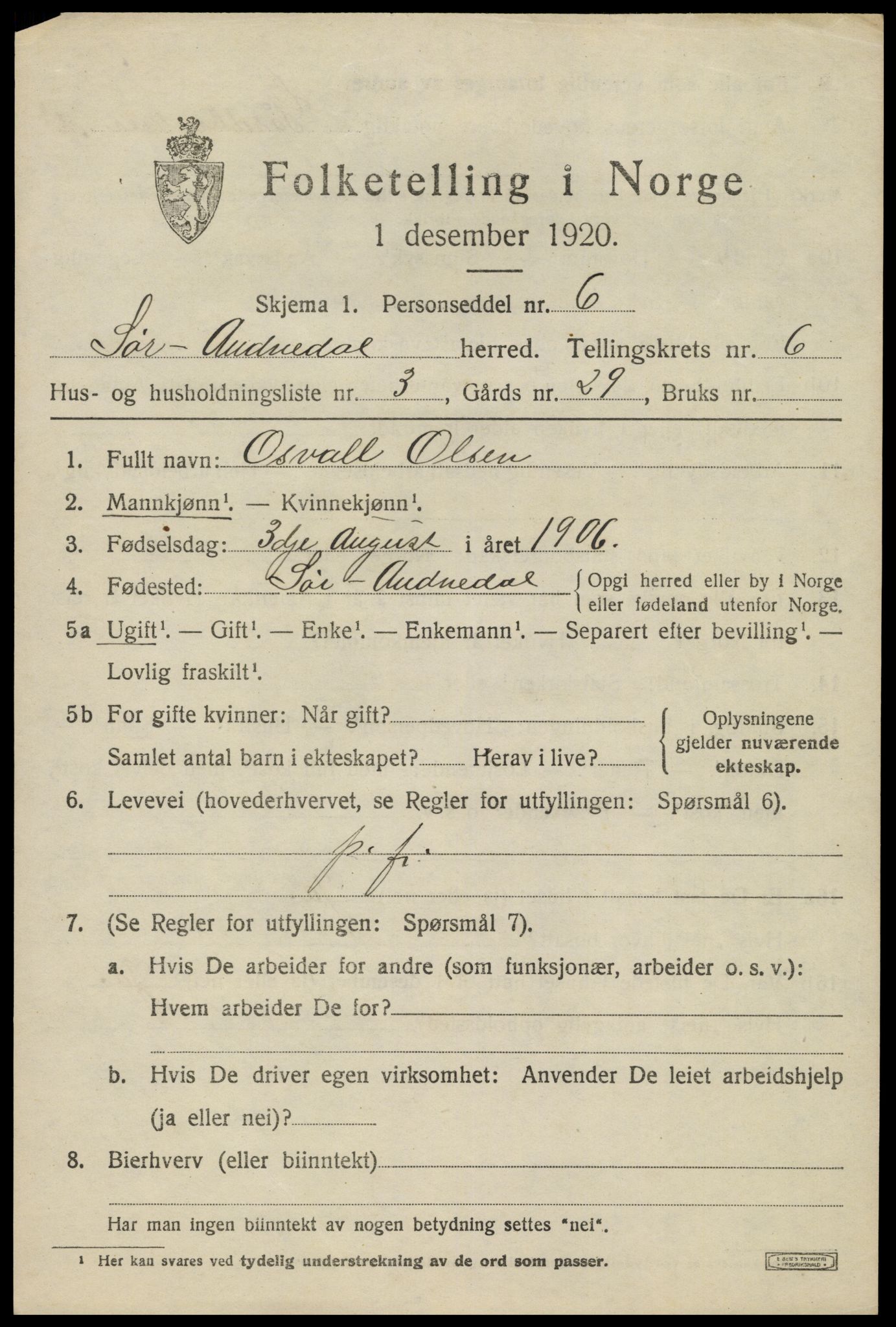 SAK, Folketelling 1920 for 1029 Sør-Audnedal herred, 1920, s. 2719