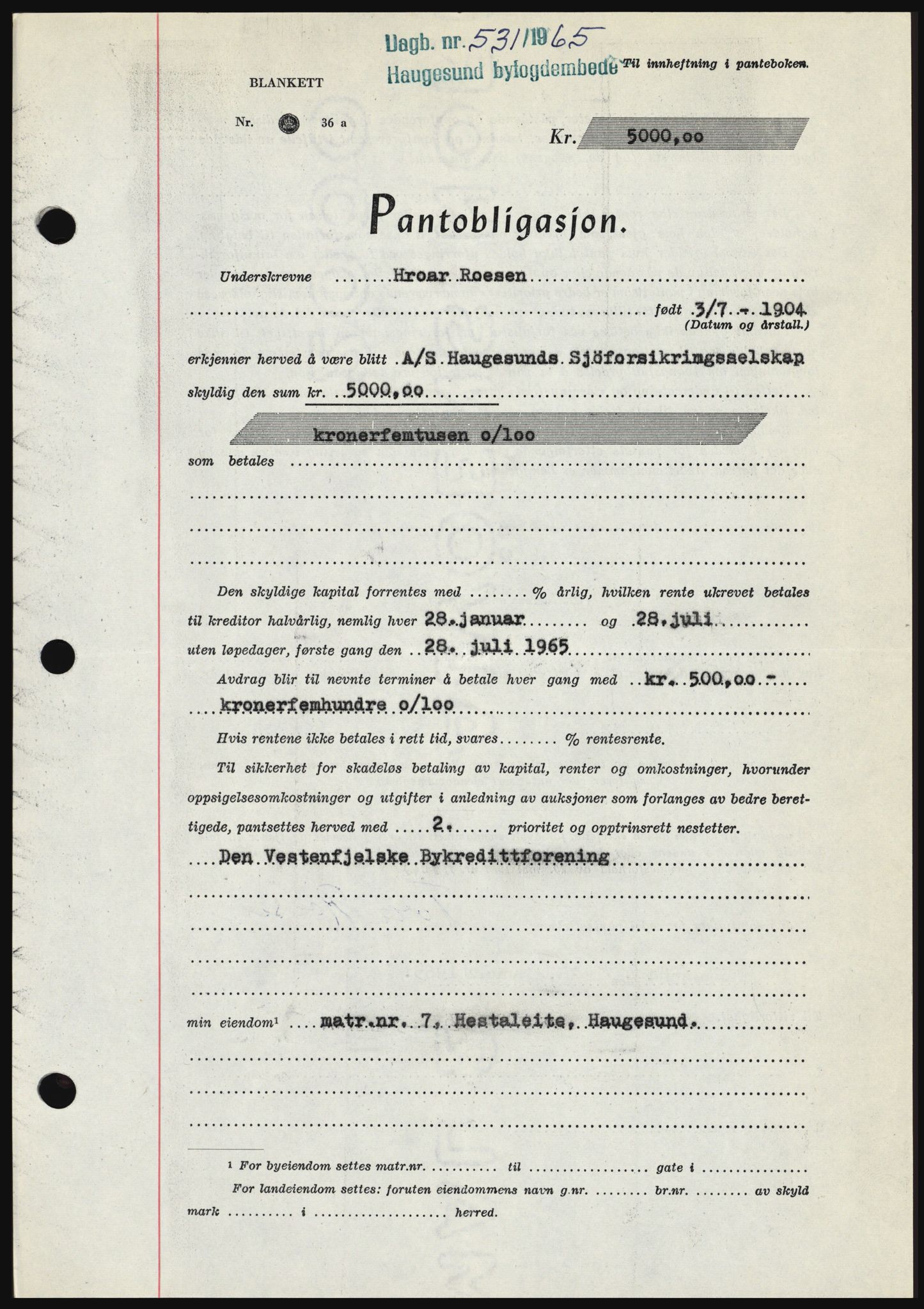 Haugesund tingrett, SAST/A-101415/01/II/IIC/L0053: Pantebok nr. B 53, 1965-1965, Dagboknr: 531/1965