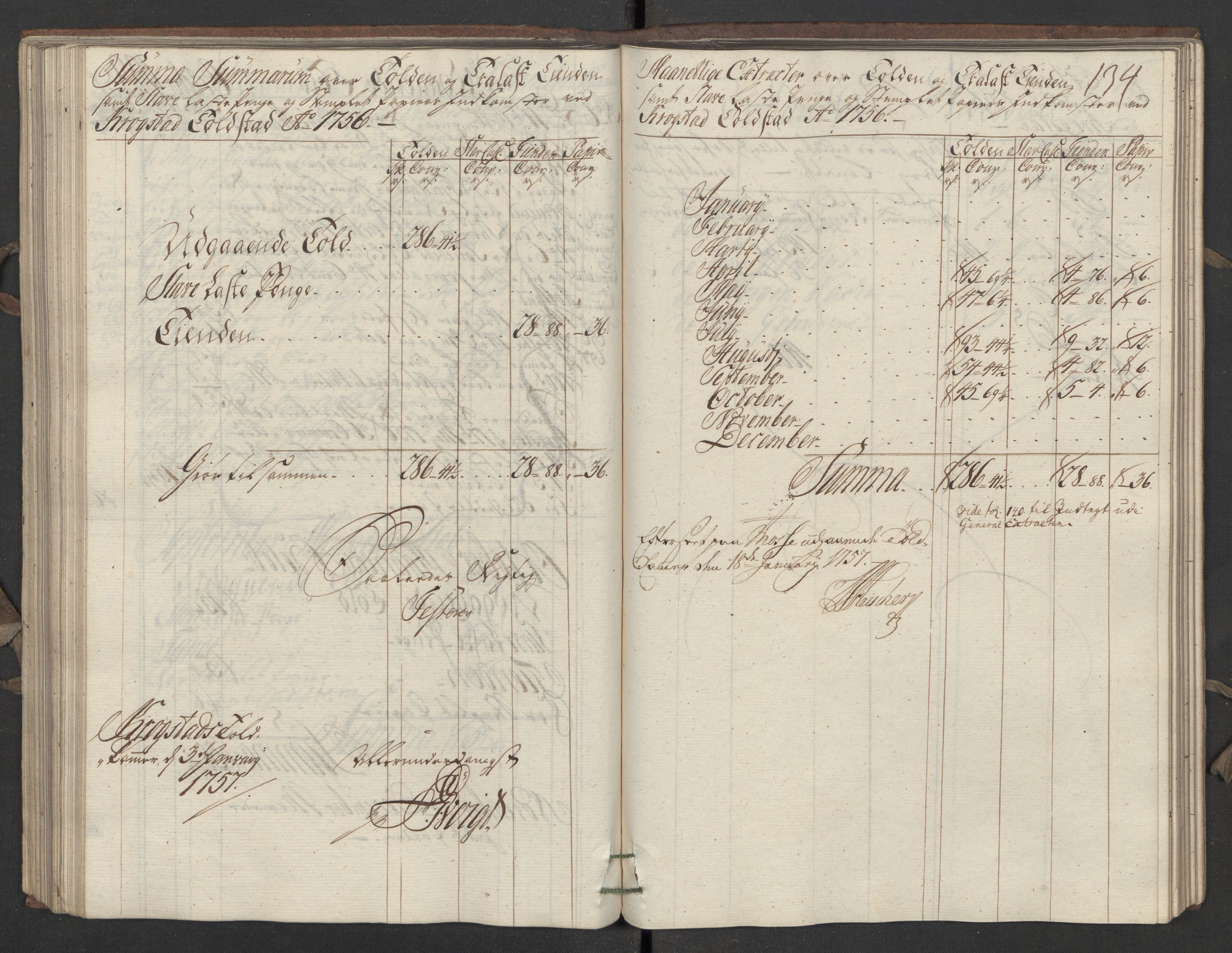 Generaltollkammeret, tollregnskaper, RA/EA-5490/R05/L0027/0001: Tollregnskaper Moss, Son, Krokstad / Utgående hovedtollbok, 1756, s. 133b-134a