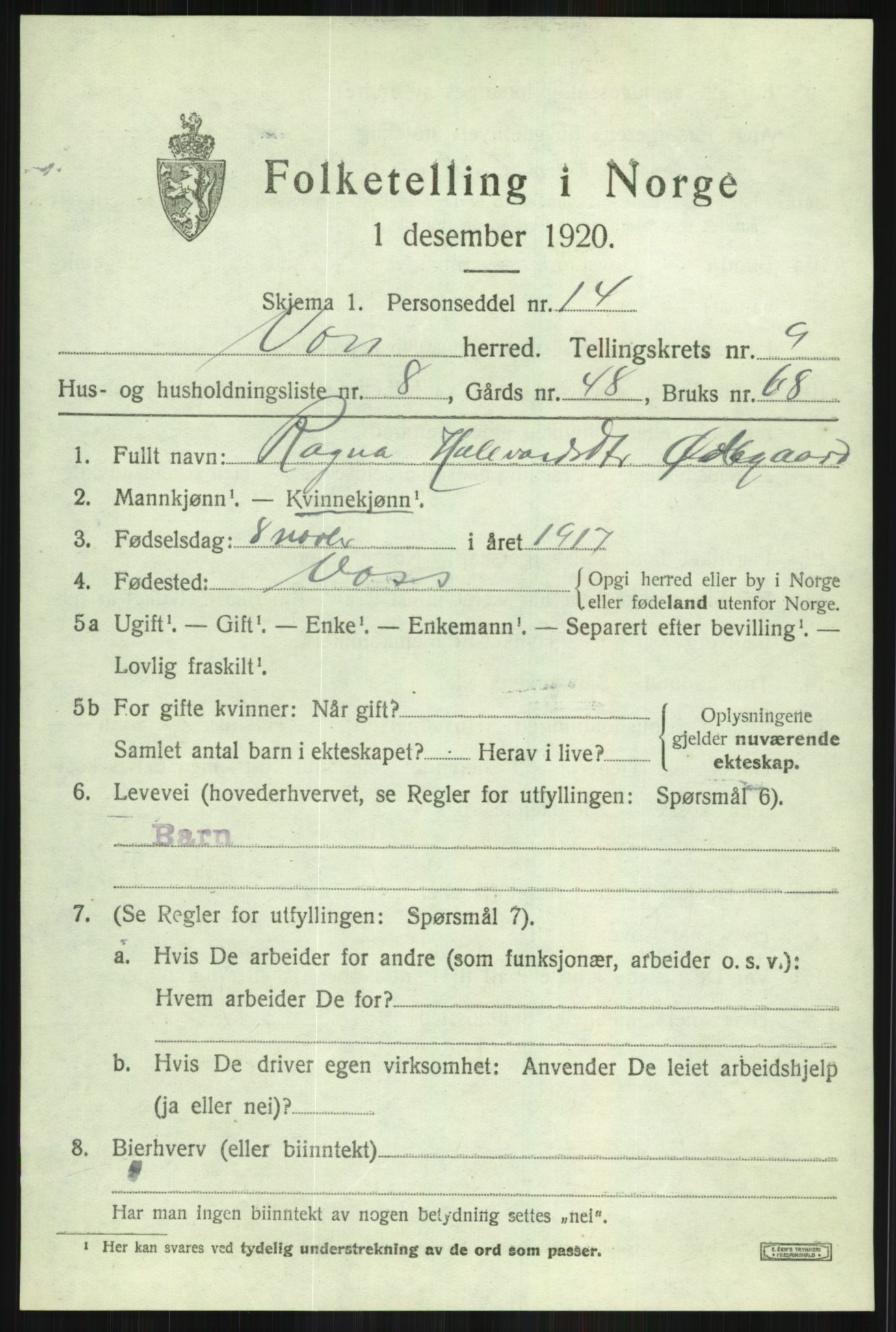 SAB, Folketelling 1920 for 1235 Voss herred, 1920, s. 8745